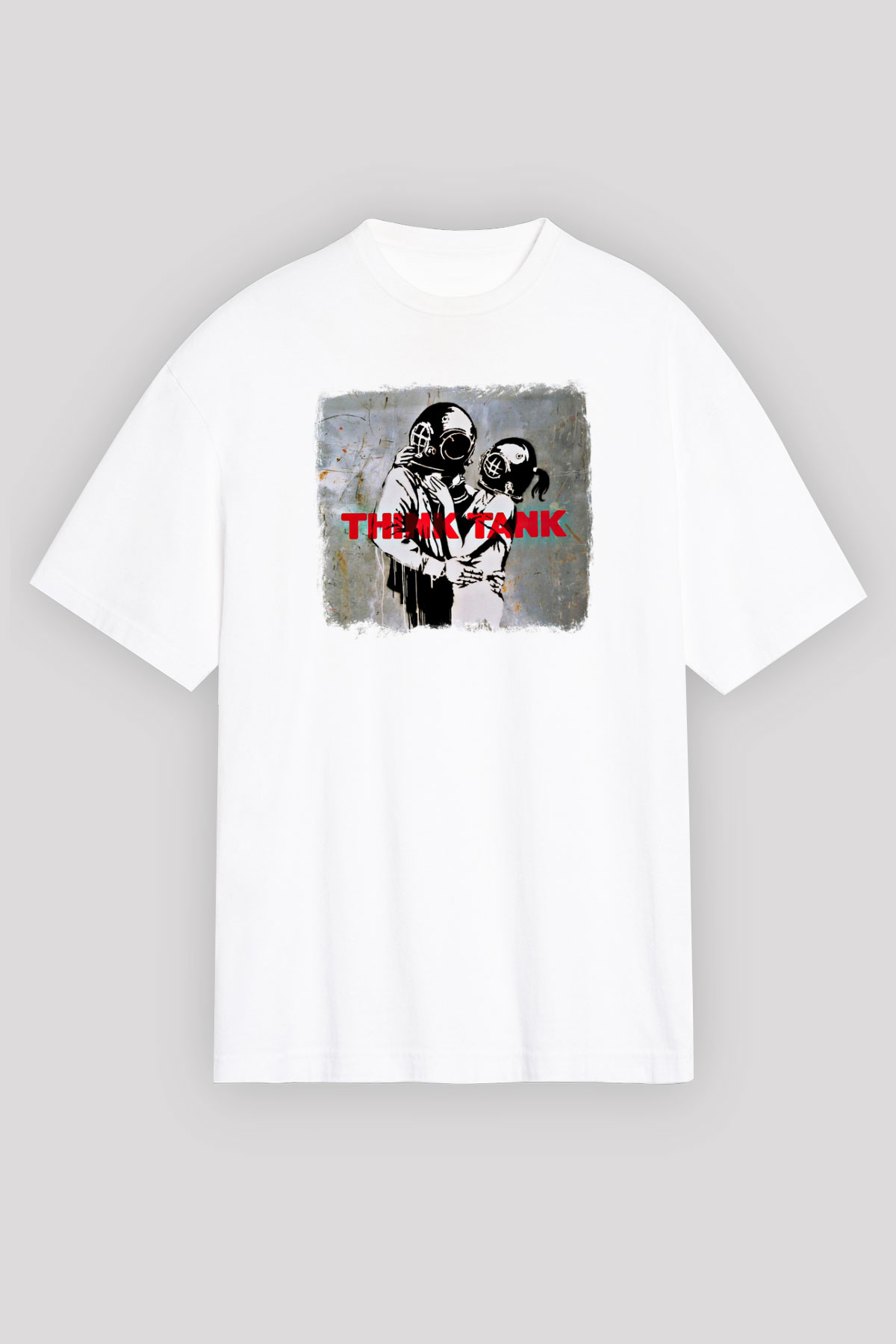 Blur Baskılı Unisex Beyaz Oversize Tişört