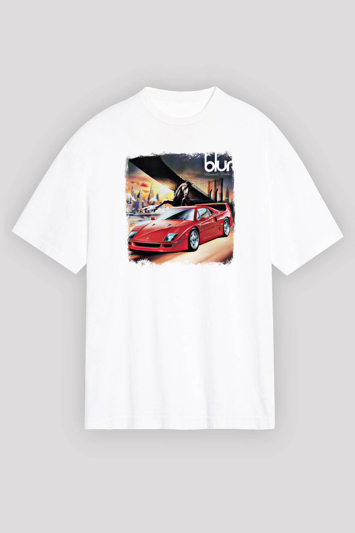 Blur Baskılı Unisex Beyaz Oversize Tişört