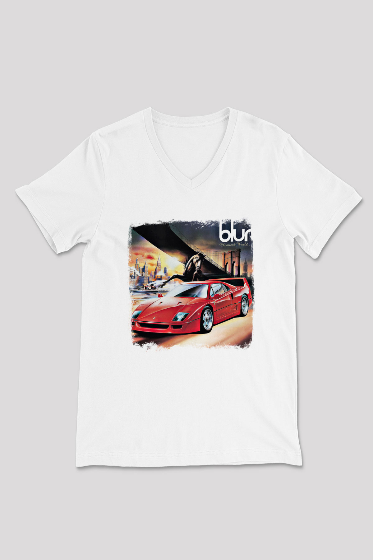 Blur Baskılı Unisex Beyaz V Yaka Tişört