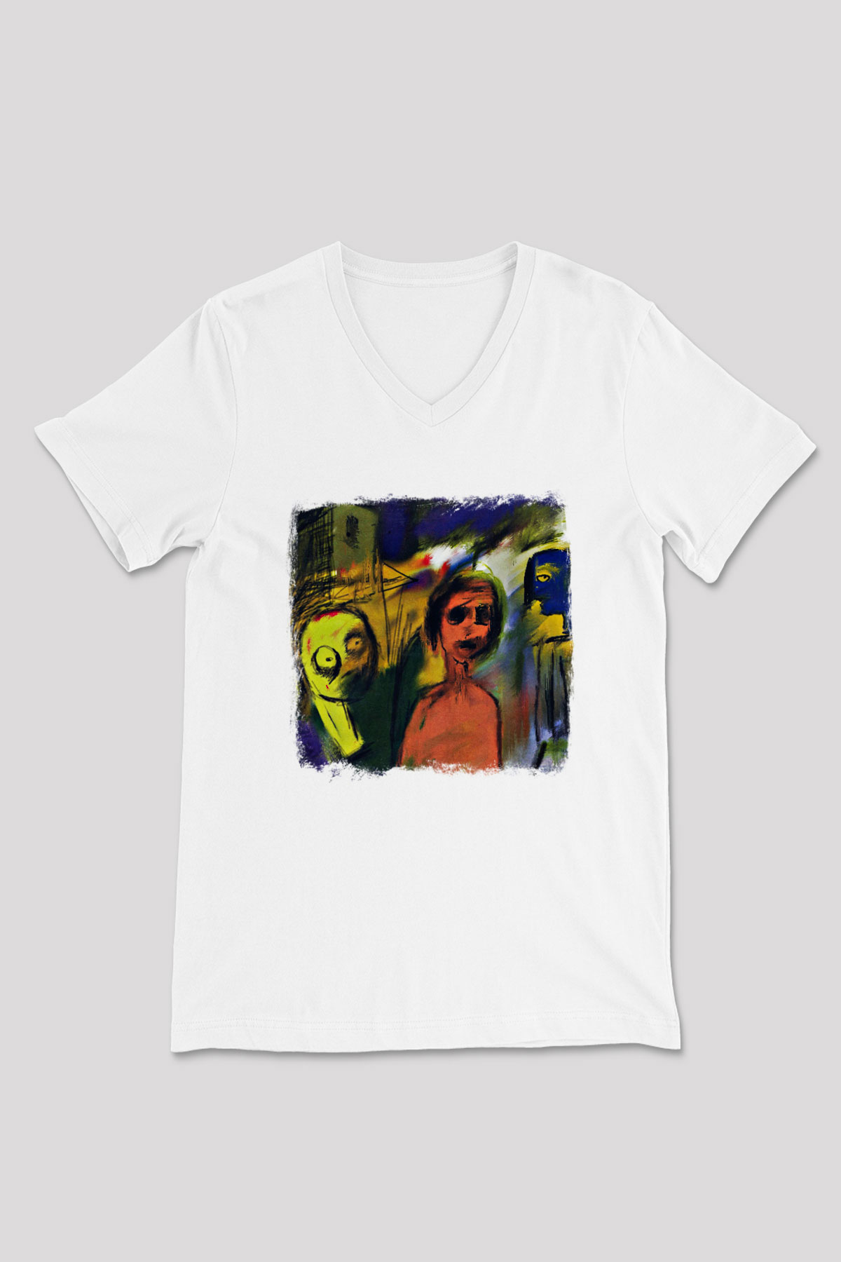 Blur Baskılı Unisex Beyaz V Yaka Tişört