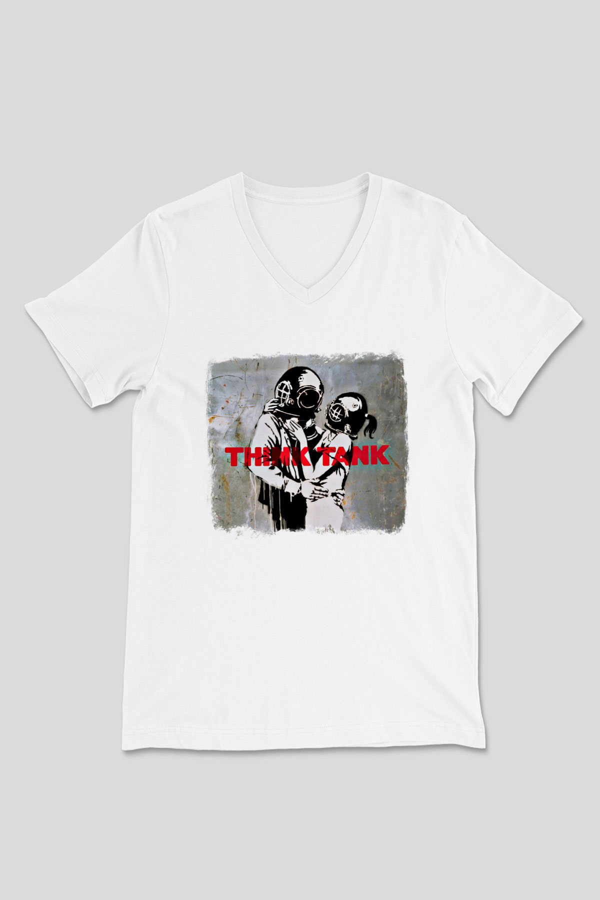 Blur Baskılı Unisex Beyaz V Yaka Tişört
