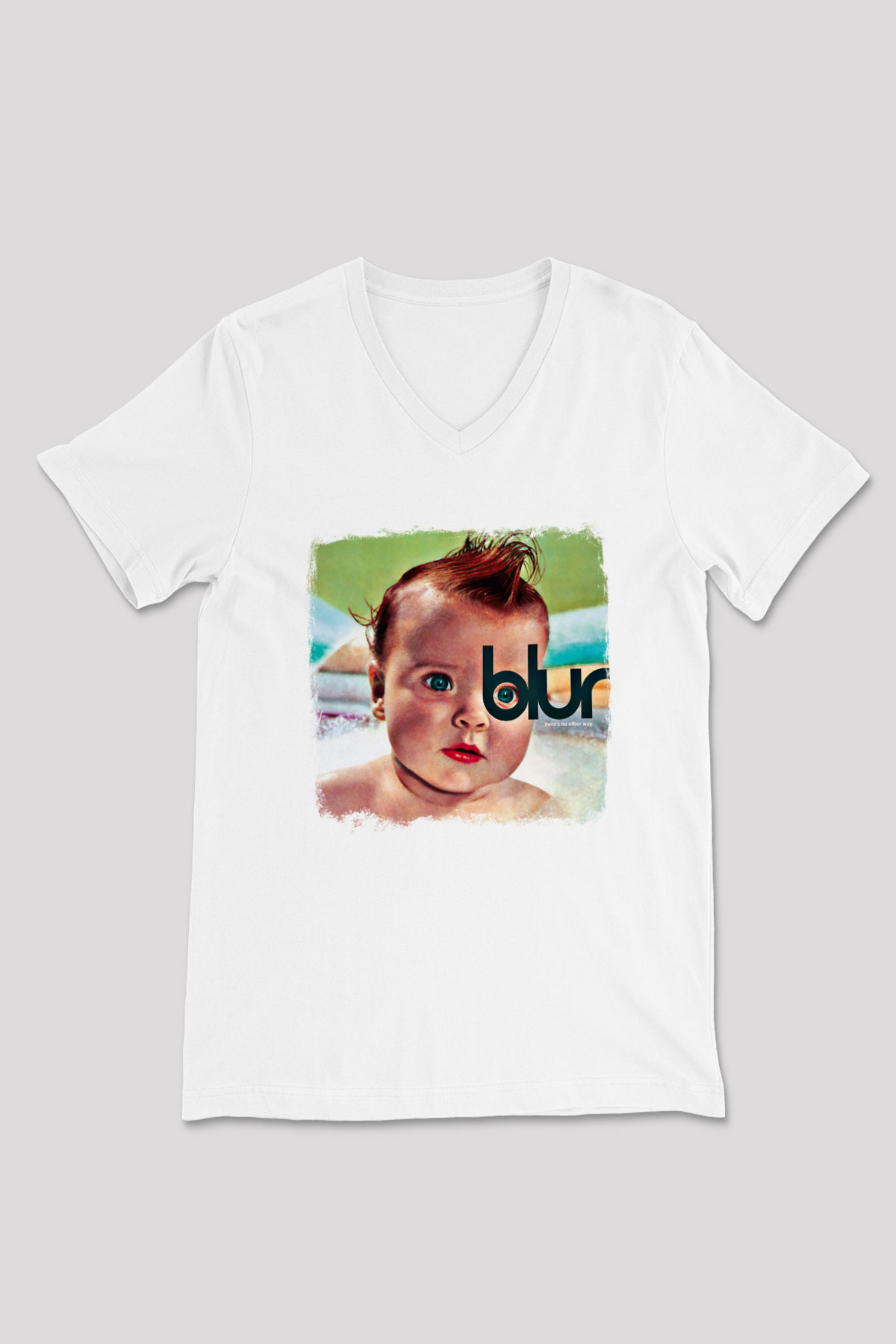 Blur Baskılı Unisex Beyaz V Yaka Tişört