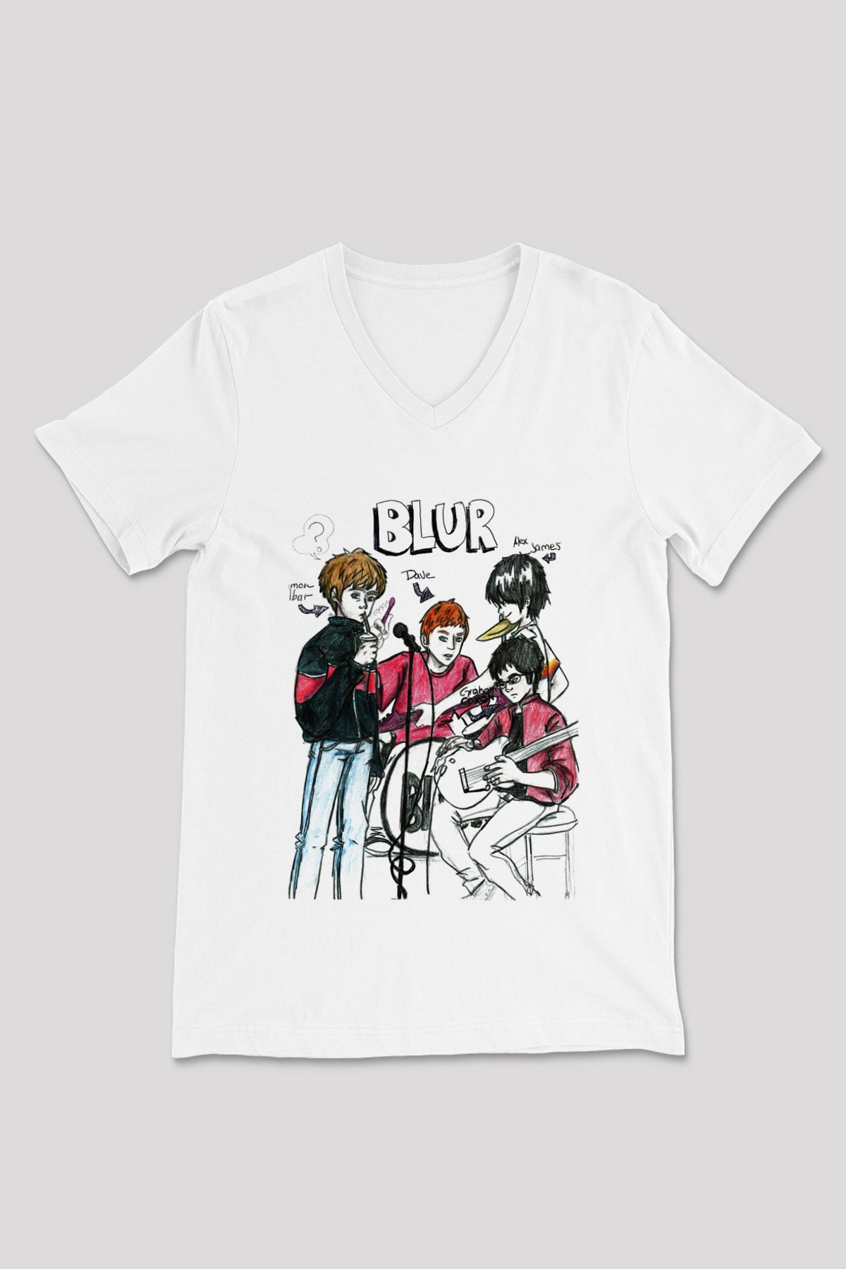 Blur Beyaz Unisex V Yaka Tişört T-Shirt