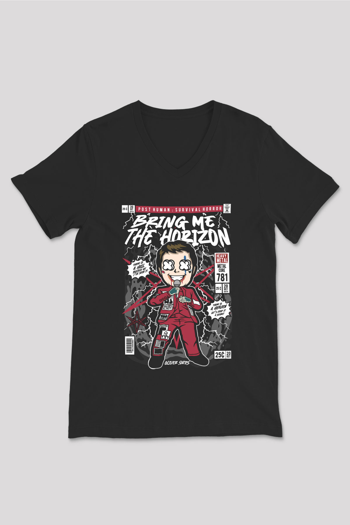 BMTH Baskılı Unisex Siyah V Yaka Tişört