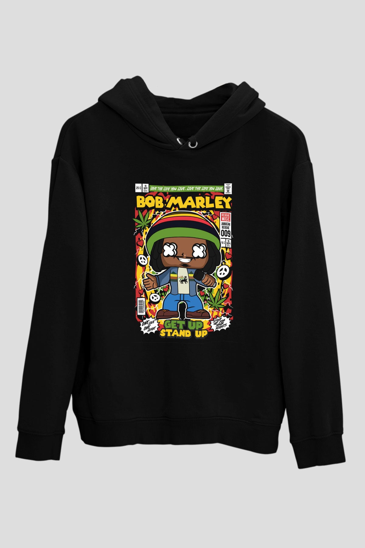 Bob Marley Baskılı Unisex Siyah Hoodie