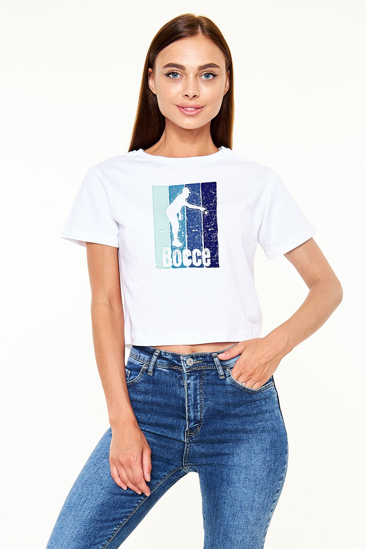 Bocce Baskılı Crop Top Beyaz Tişört - T-shirt