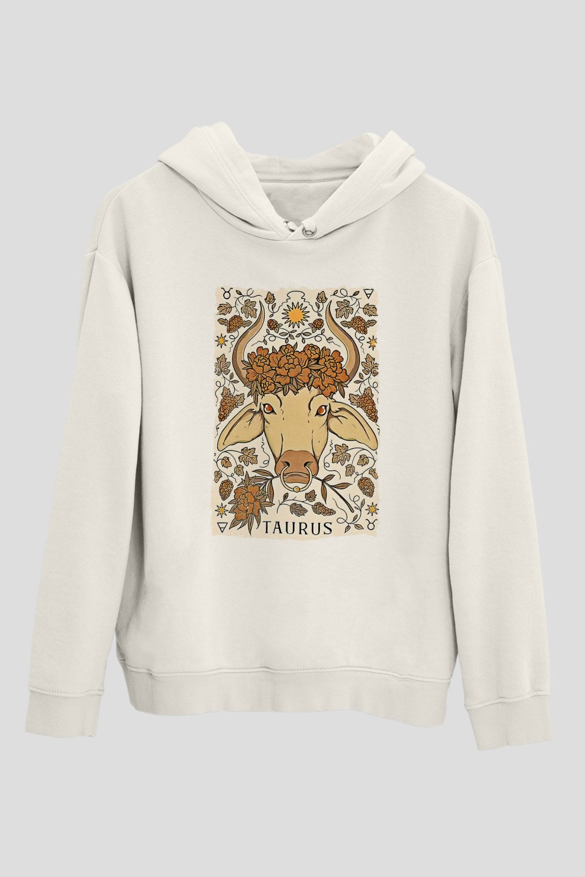 Boğa Burcu Baskılı Beyaz Unisex Hoodie