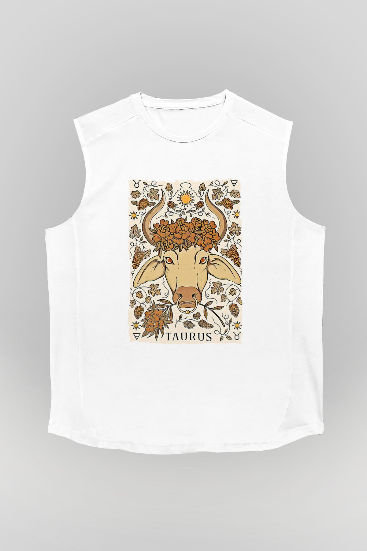 Boğa Burcu Baskılı Beyaz Unisex Kolsuz Tişört - Tshirt