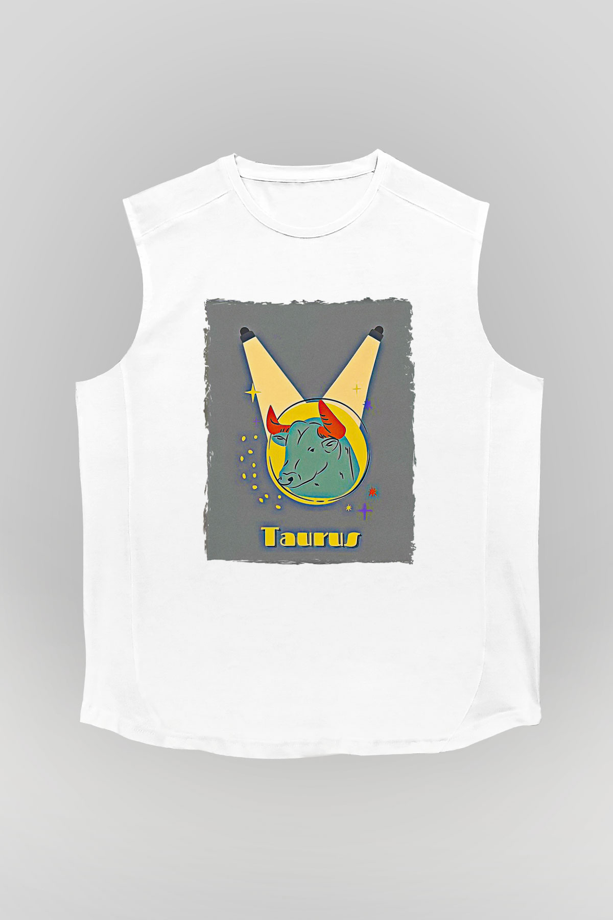 Boğa Burcu Baskılı Beyaz Unisex Kolsuz Tişört - Tshirt