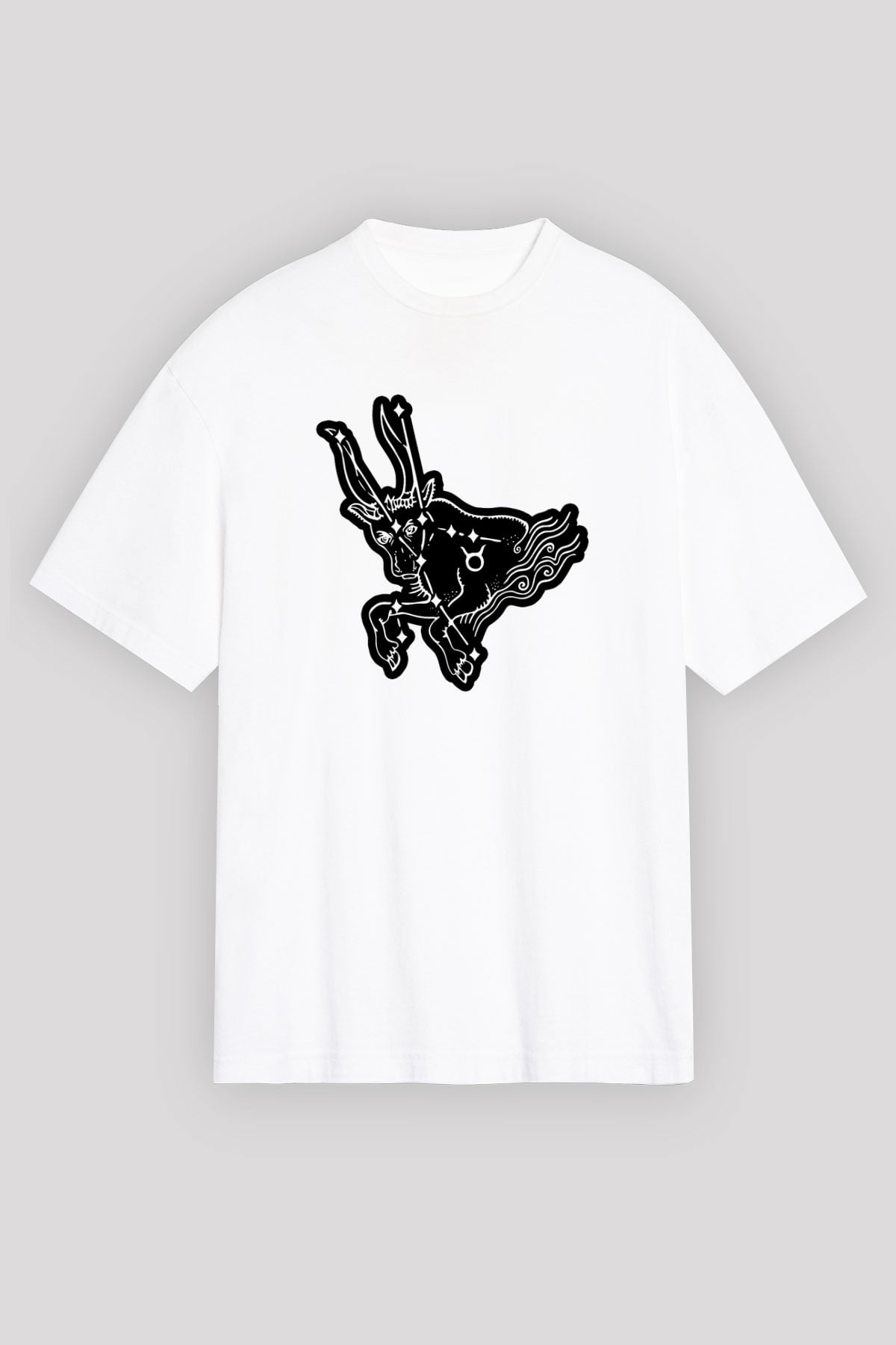 Boğa Burcu Baskılı Beyaz Unisex Oversize Tişört - Tshirt