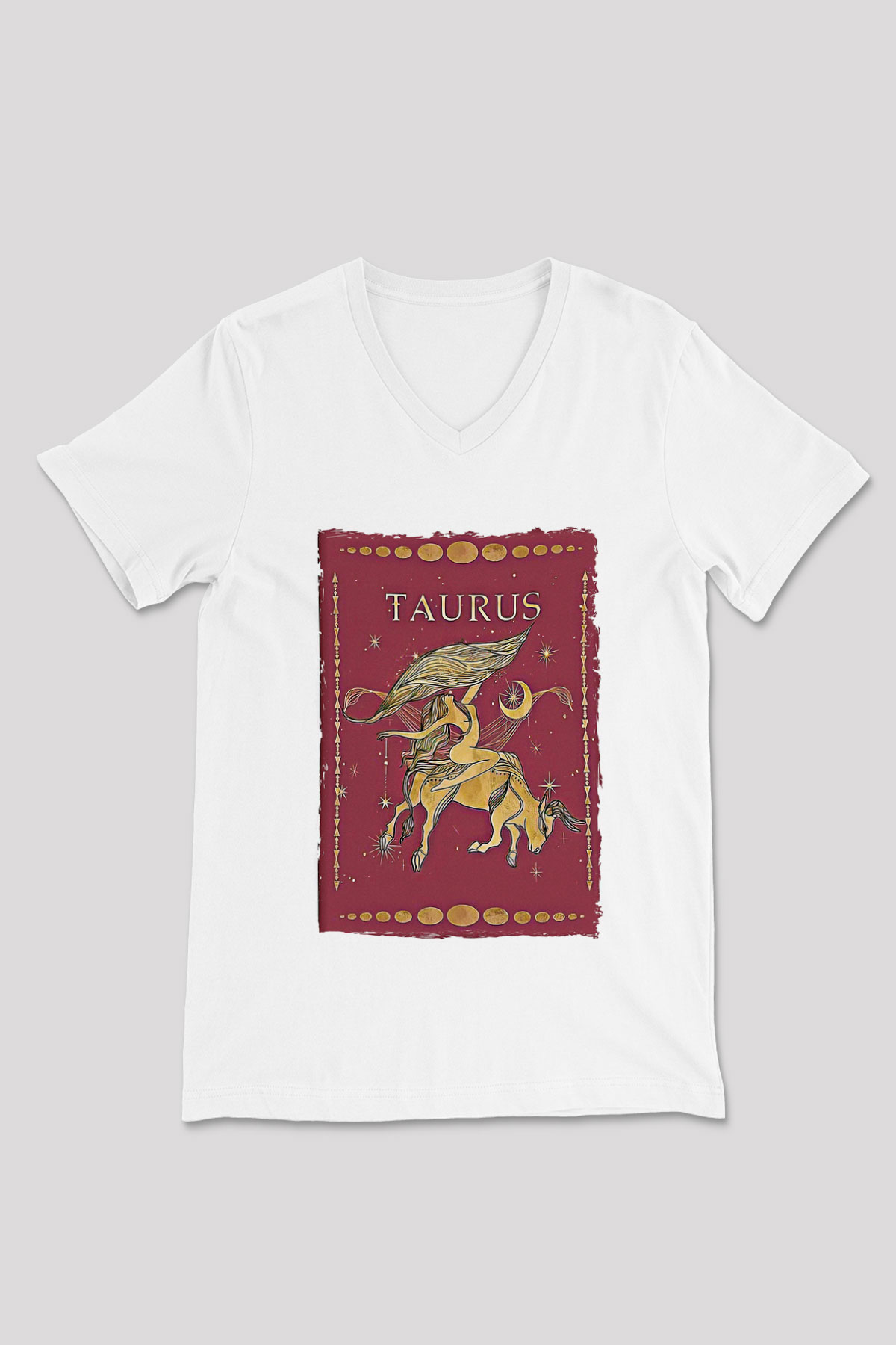 Boğa Burcu Baskılı Beyaz Unisex V Yaka Tişört - Tshirt