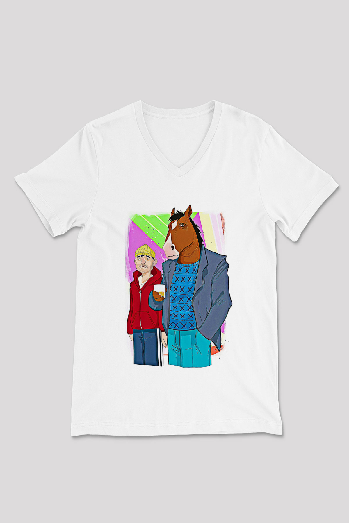 Bojack Horseman Baskılı Beyaz Unisex V Yaka Tişört - Tshirt