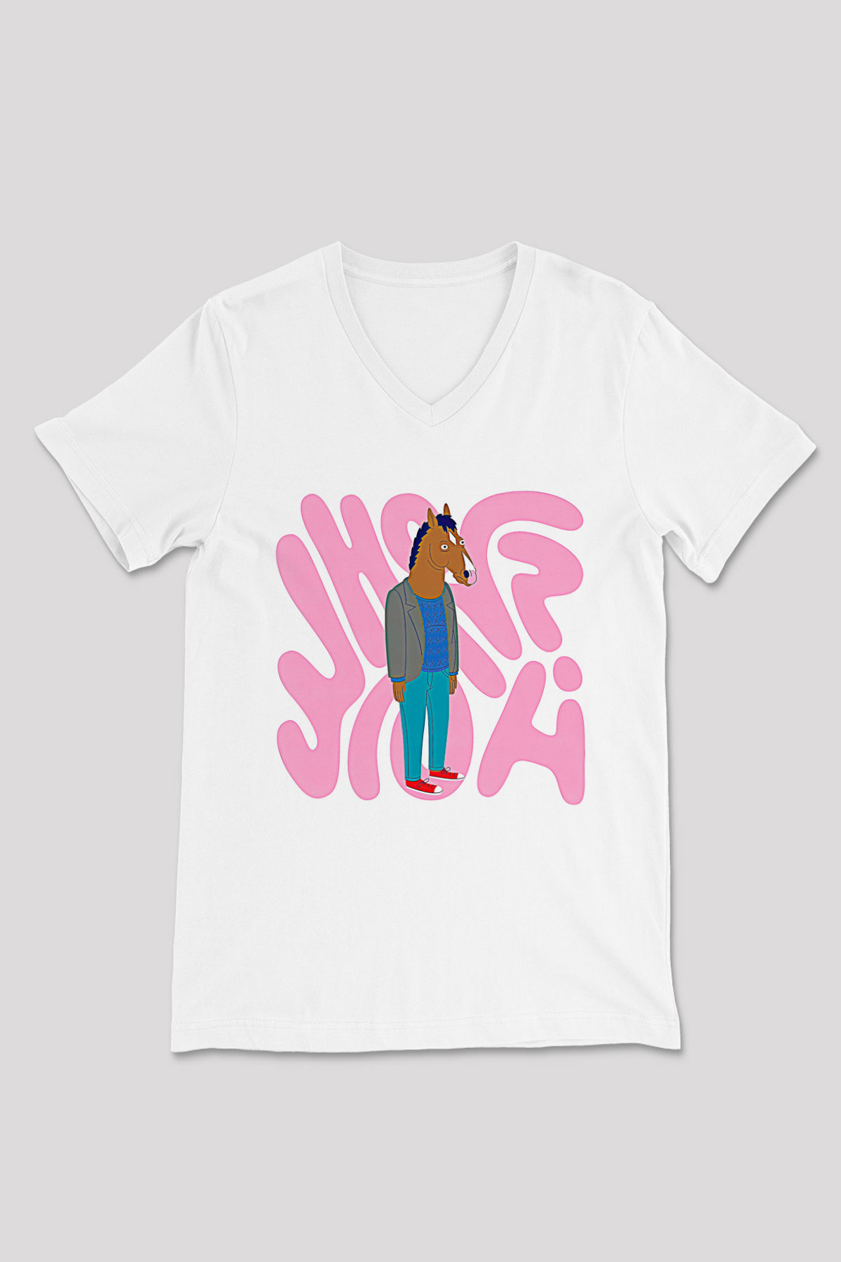 Bojack Horseman Baskılı Beyaz Unisex V Yaka Tişört - Tshirt