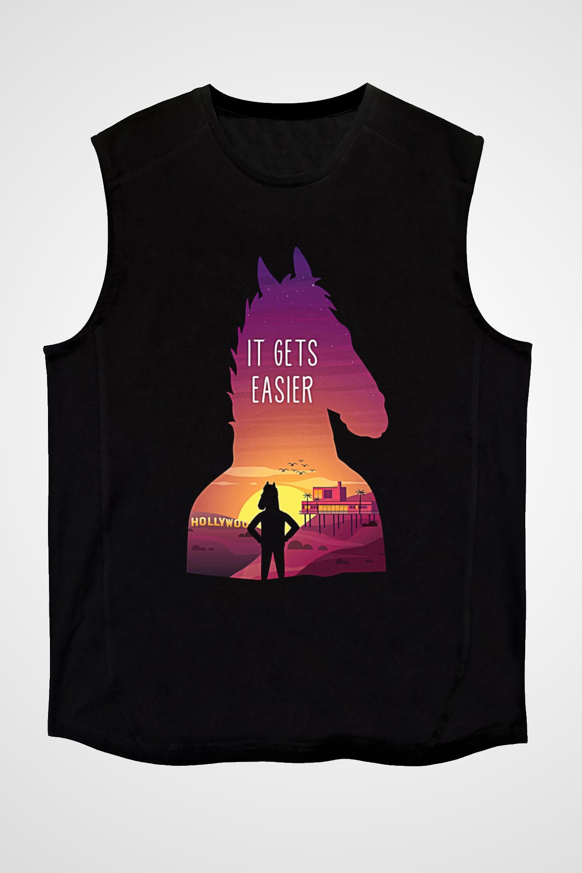 Bojack Horseman Baskılı Unisex Siyah Kolsuz Tişört - Tshirt