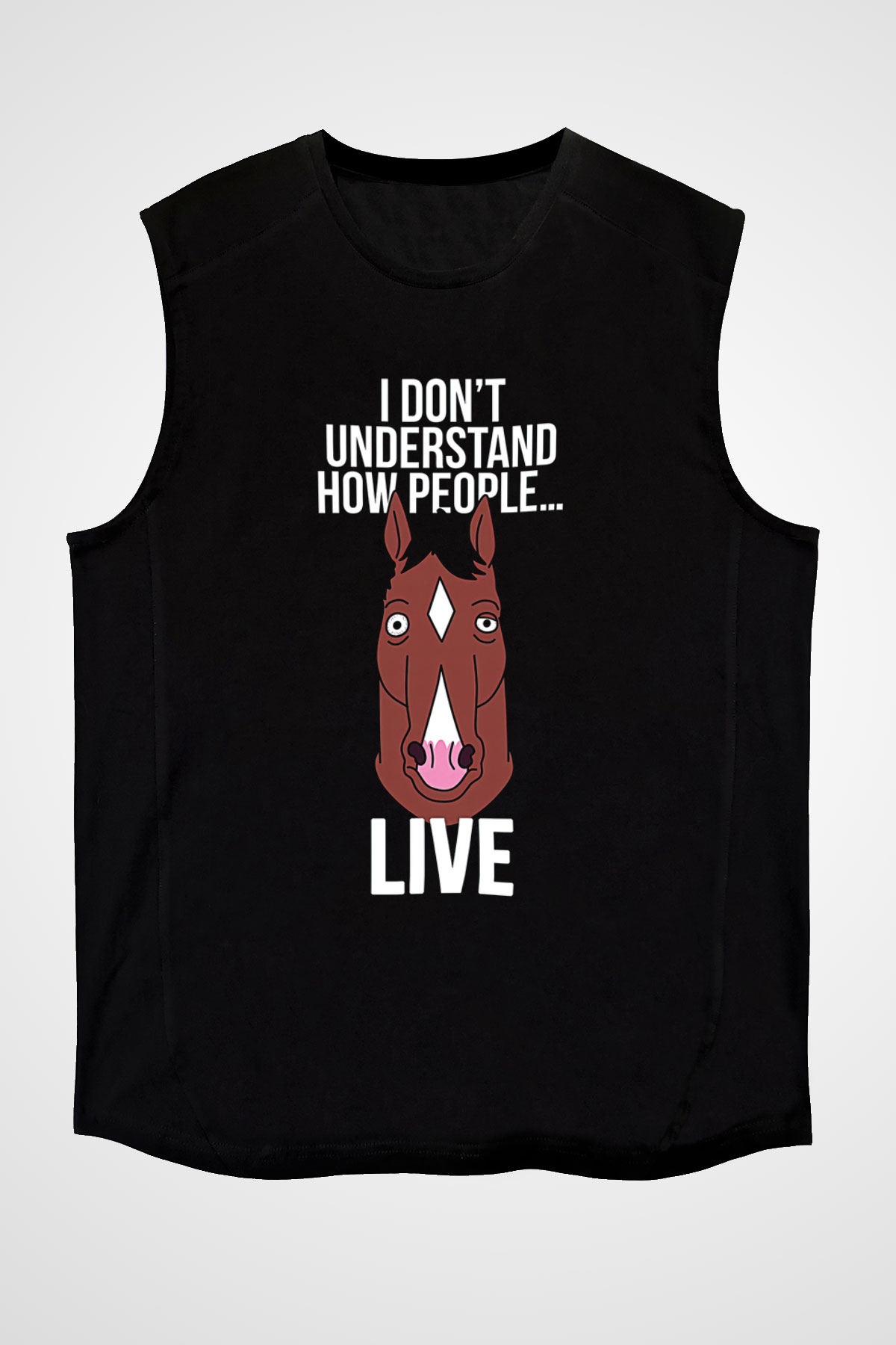 Bojack Horseman Baskılı Unisex Siyah Kolsuz Tişört - Tshirt