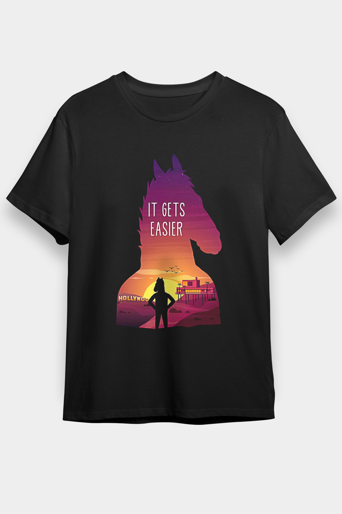 Bojack Horseman Baskılı Unisex Siyah Tişört - Tshirt