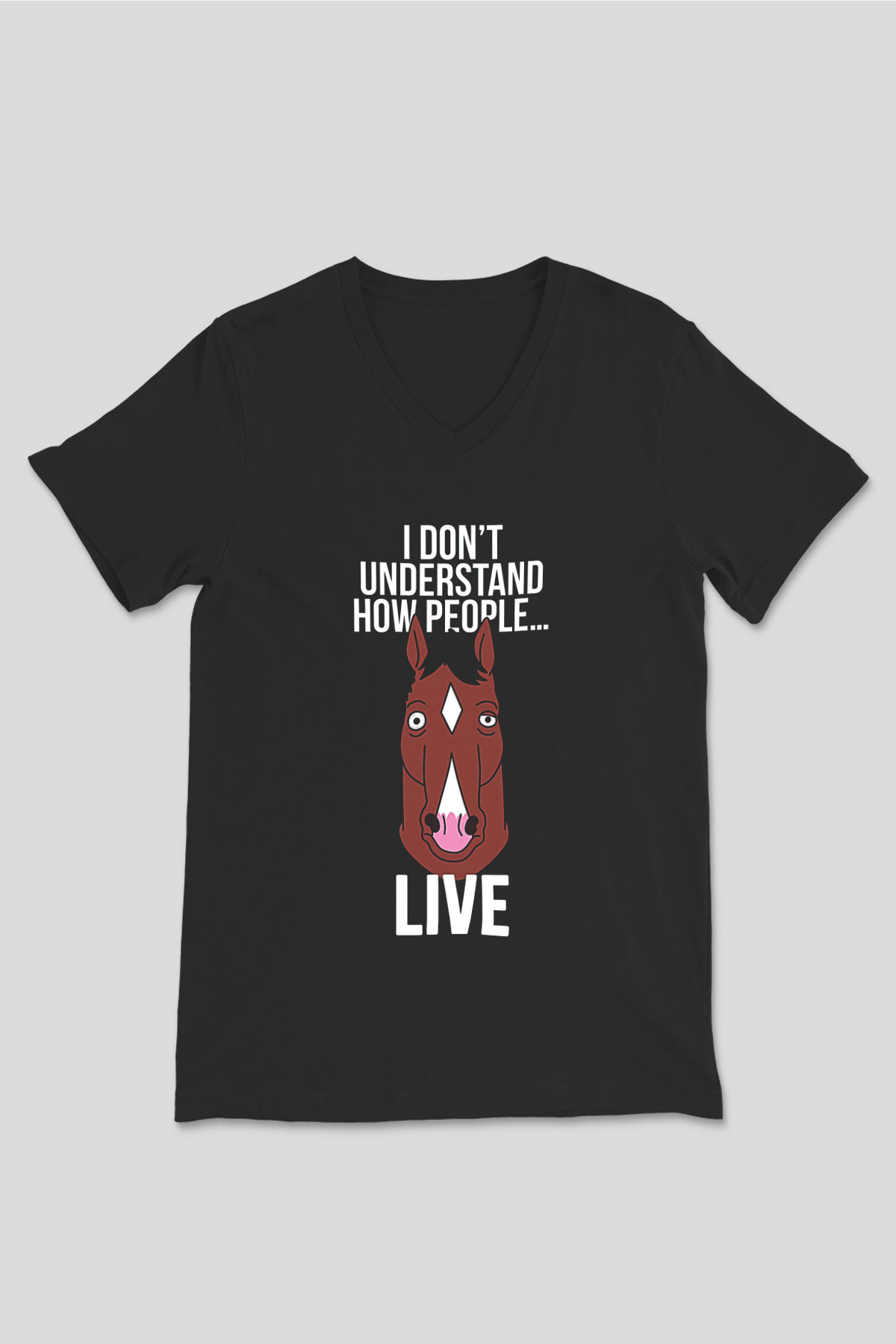 Bojack Horseman Baskılı Unisex Siyah V Yaka Tişört - Tshirt
