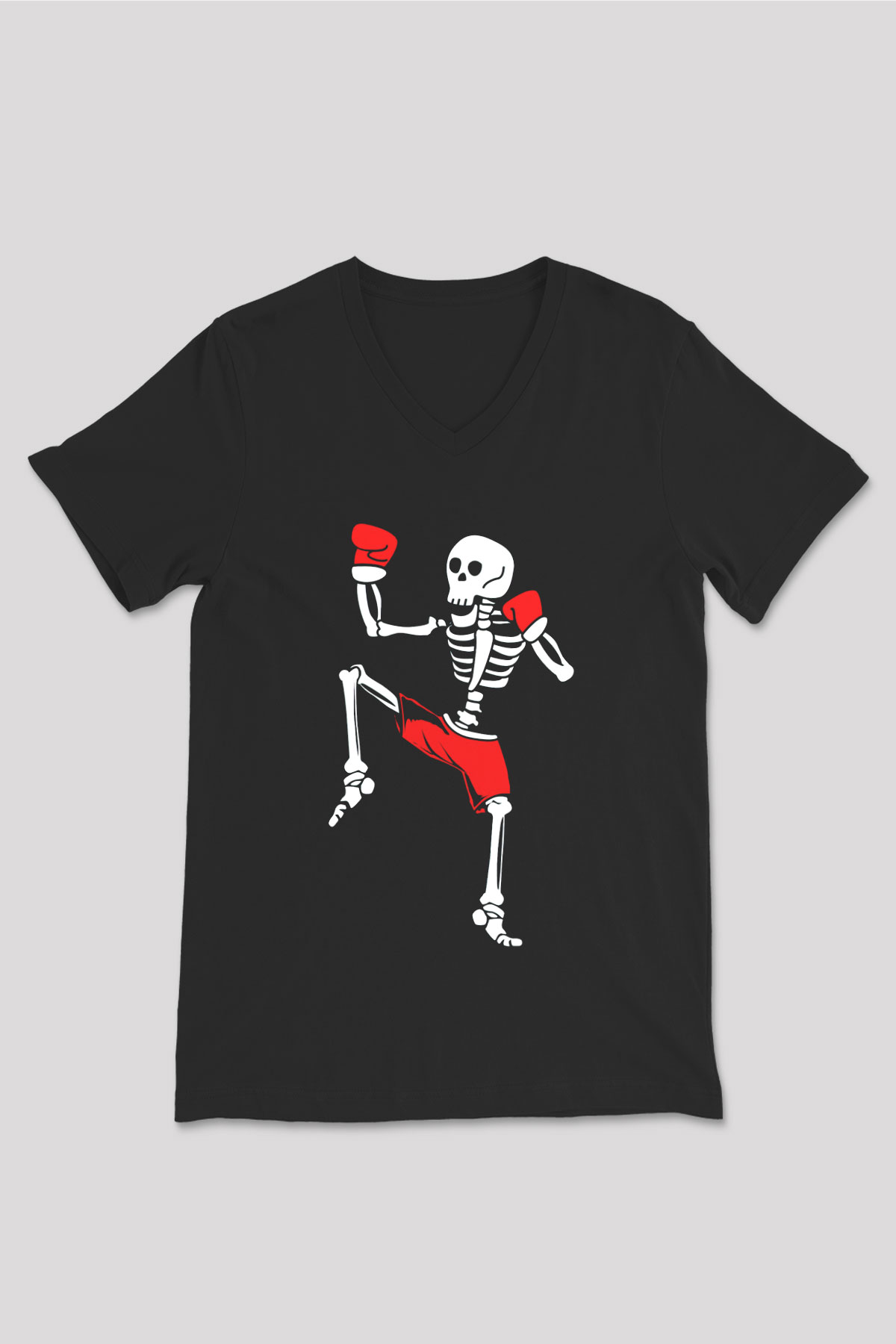 Boksçu İskelet Baskılı Unisex Siyah  V Yaka Tişört