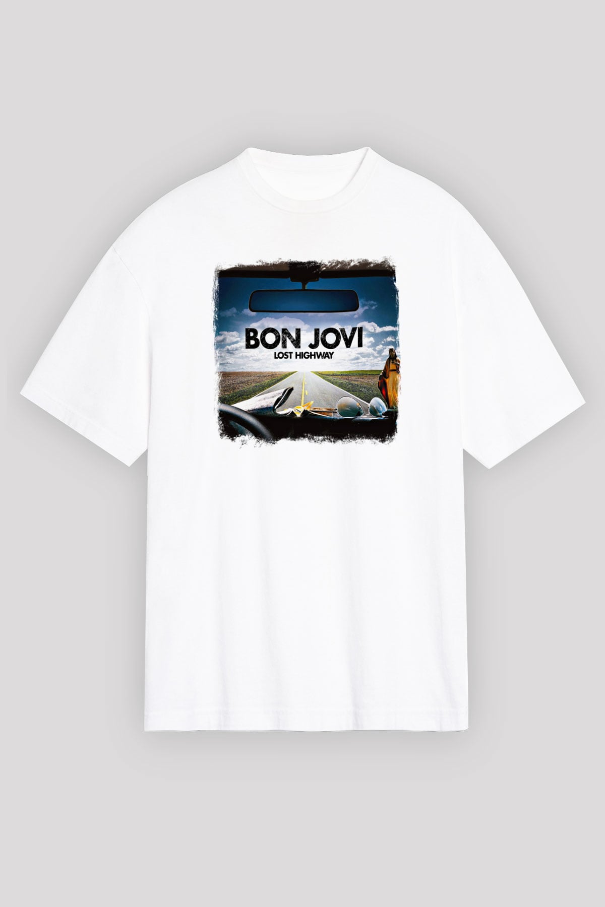 Bon Jovi Baskılı Unisex Beyaz Oversize Tişört