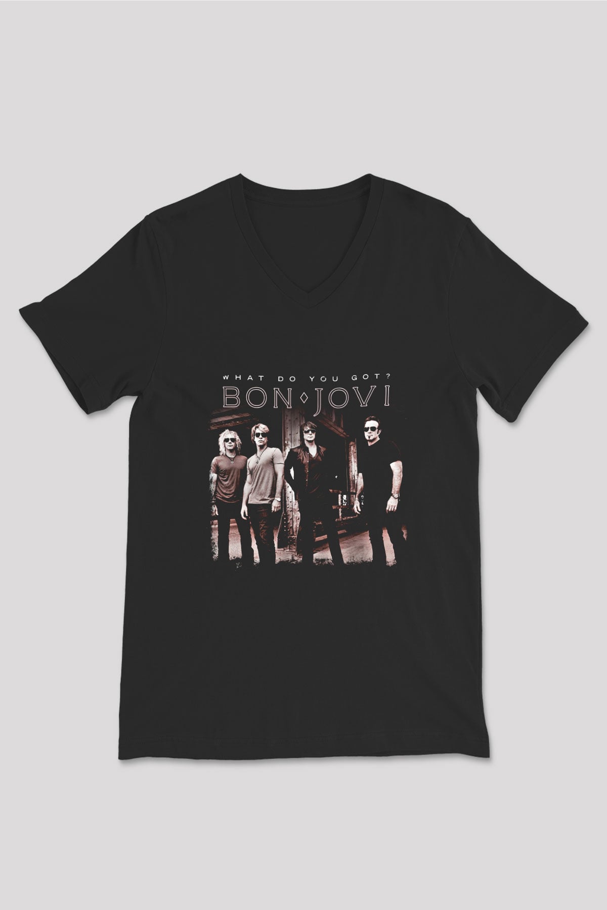 Bon Jovi Baskılı Unisex Siyah V Yaka Tişört