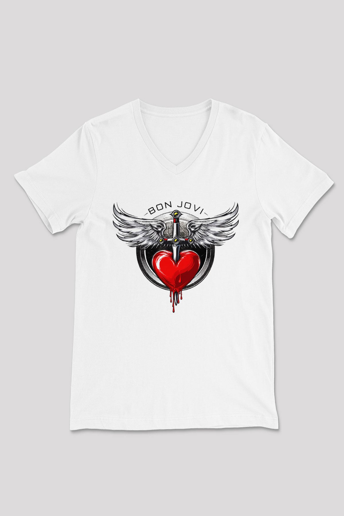 Bon Jovi Beyaz Unisex V Yaka Tişört