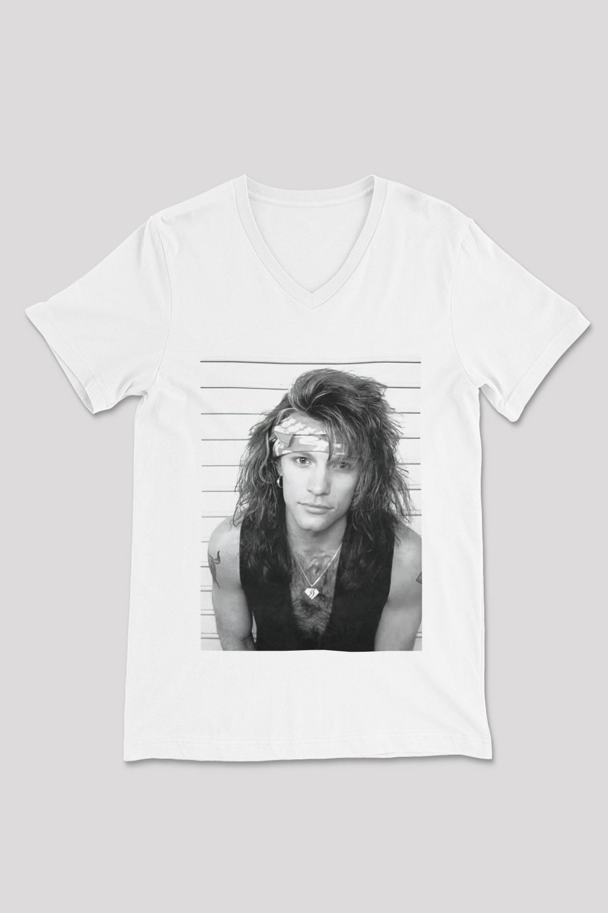 Bon Jovi Beyaz Unisex V Yaka Tişört T-Shirt