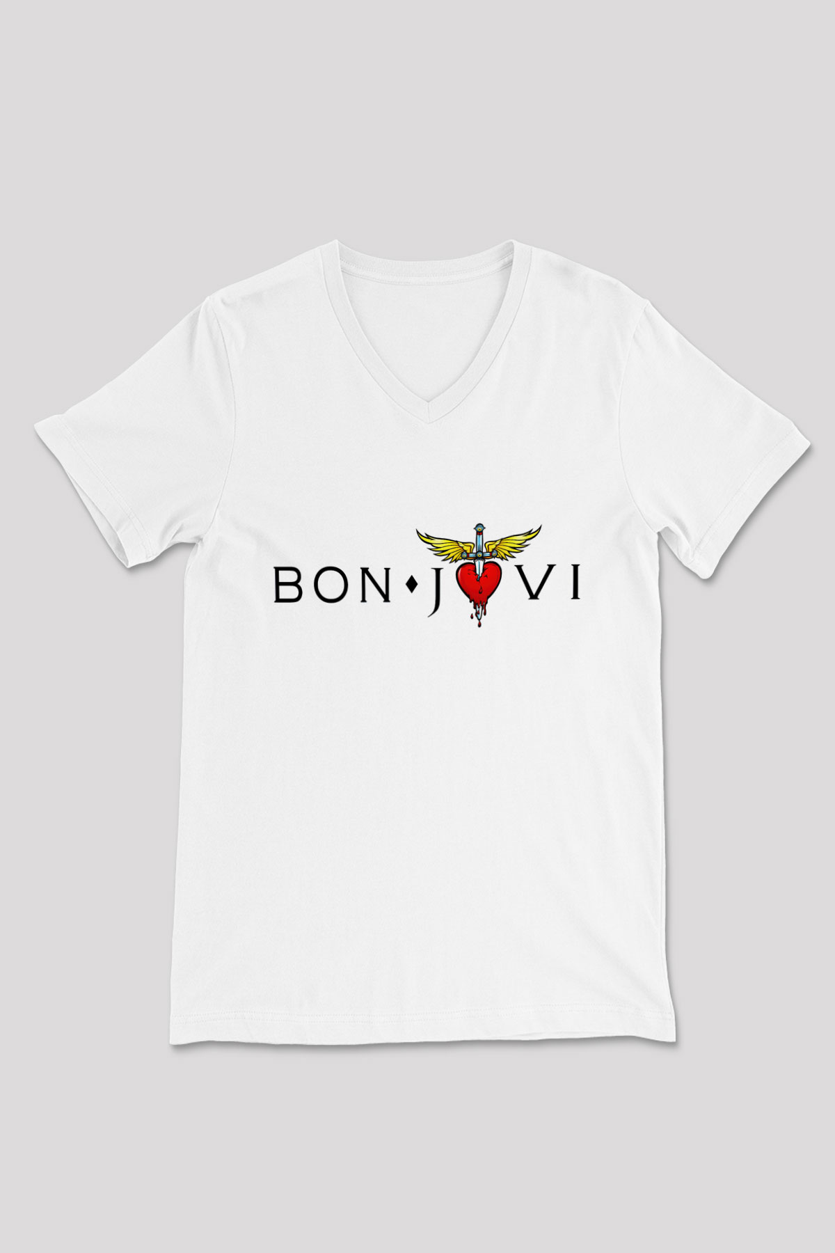 Bon Jovi Beyaz Unisex V Yaka Tişört T-Shirt