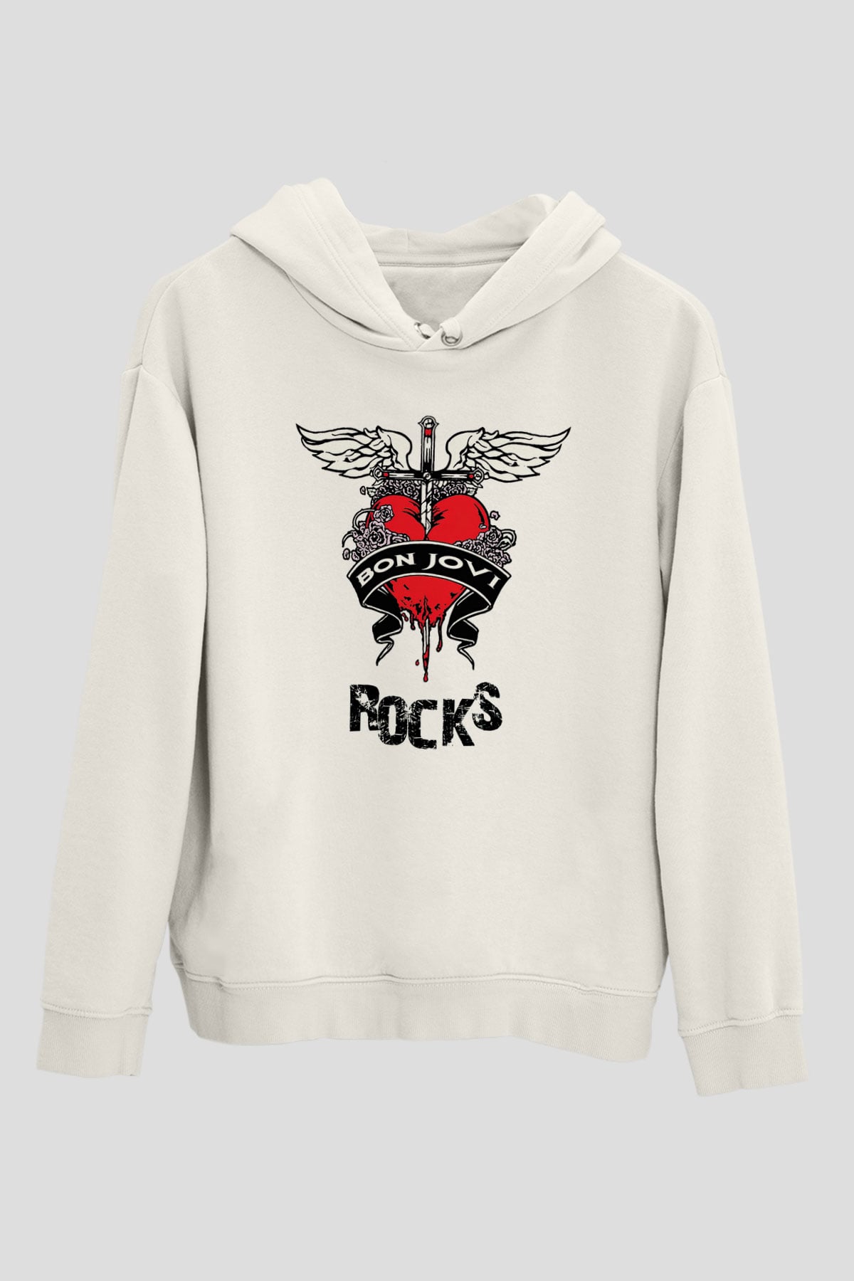 Bon Jovi Rocks Beyaz Unisex Kapüşonlu Sweatshirt