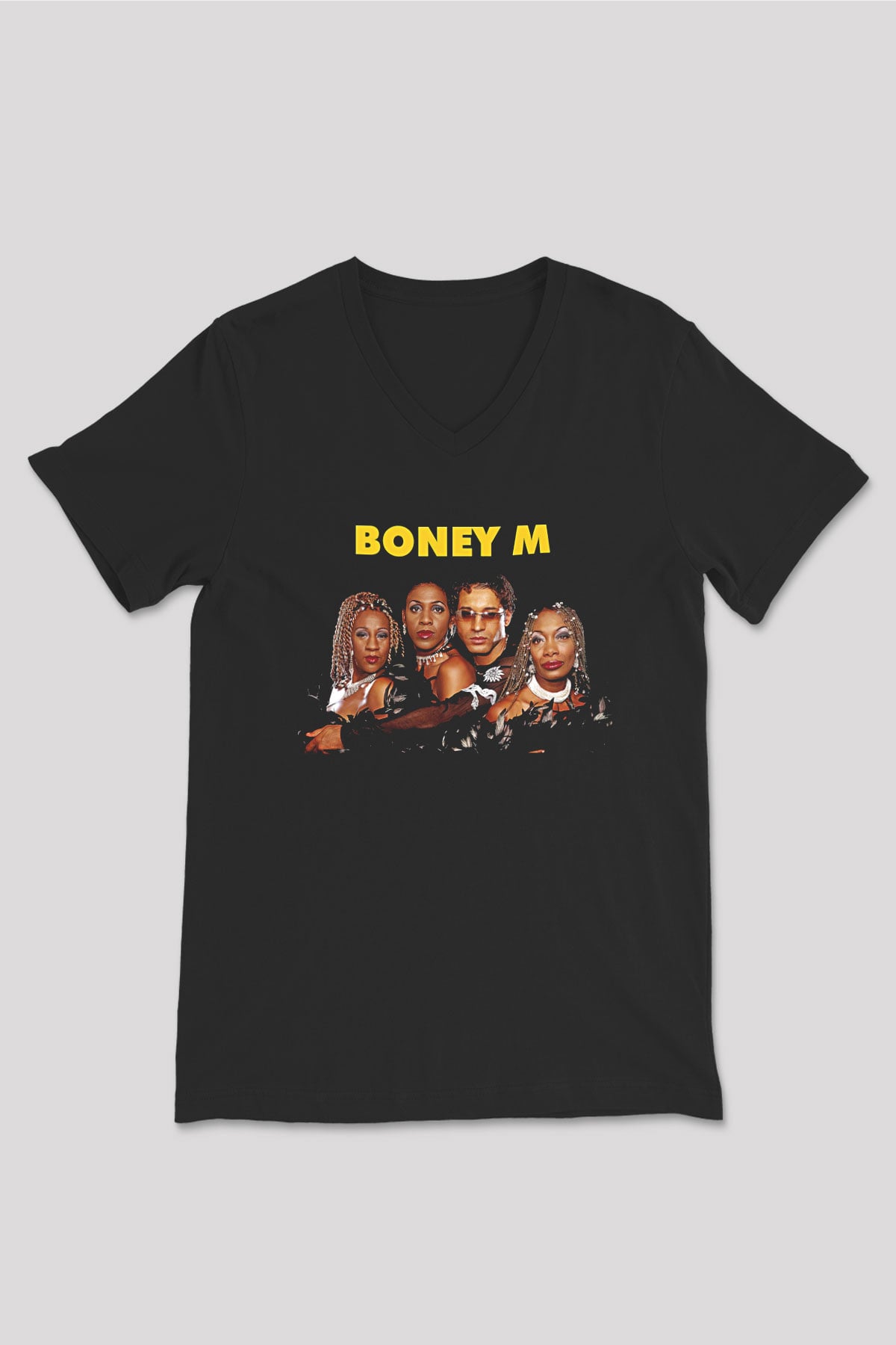 Boney M Baskılı Unisex Siyah V Yaka Tişört - Tshirt