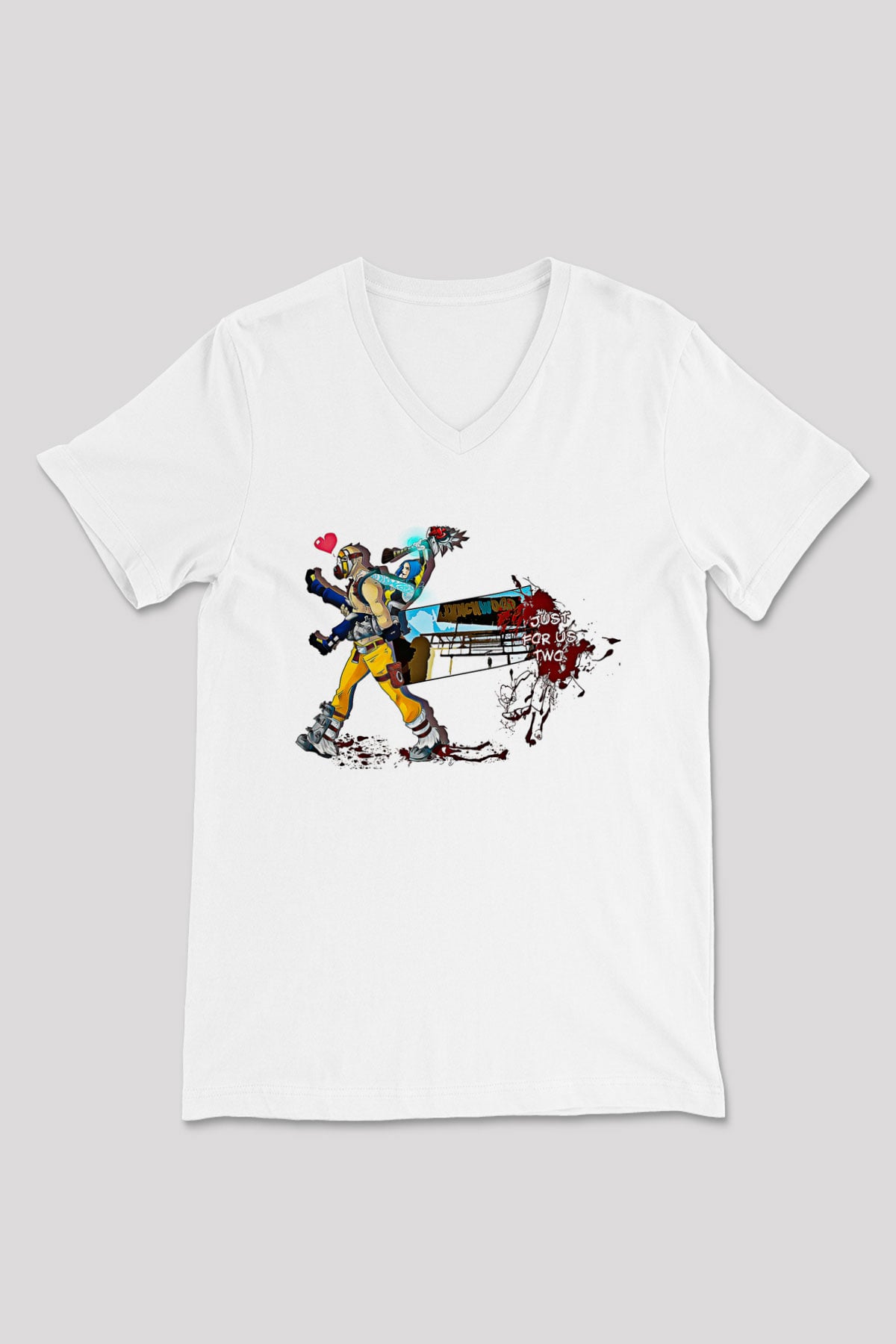Borderlands Baskılı Beyaz Unisex V Yaka Tişört - Tshirt