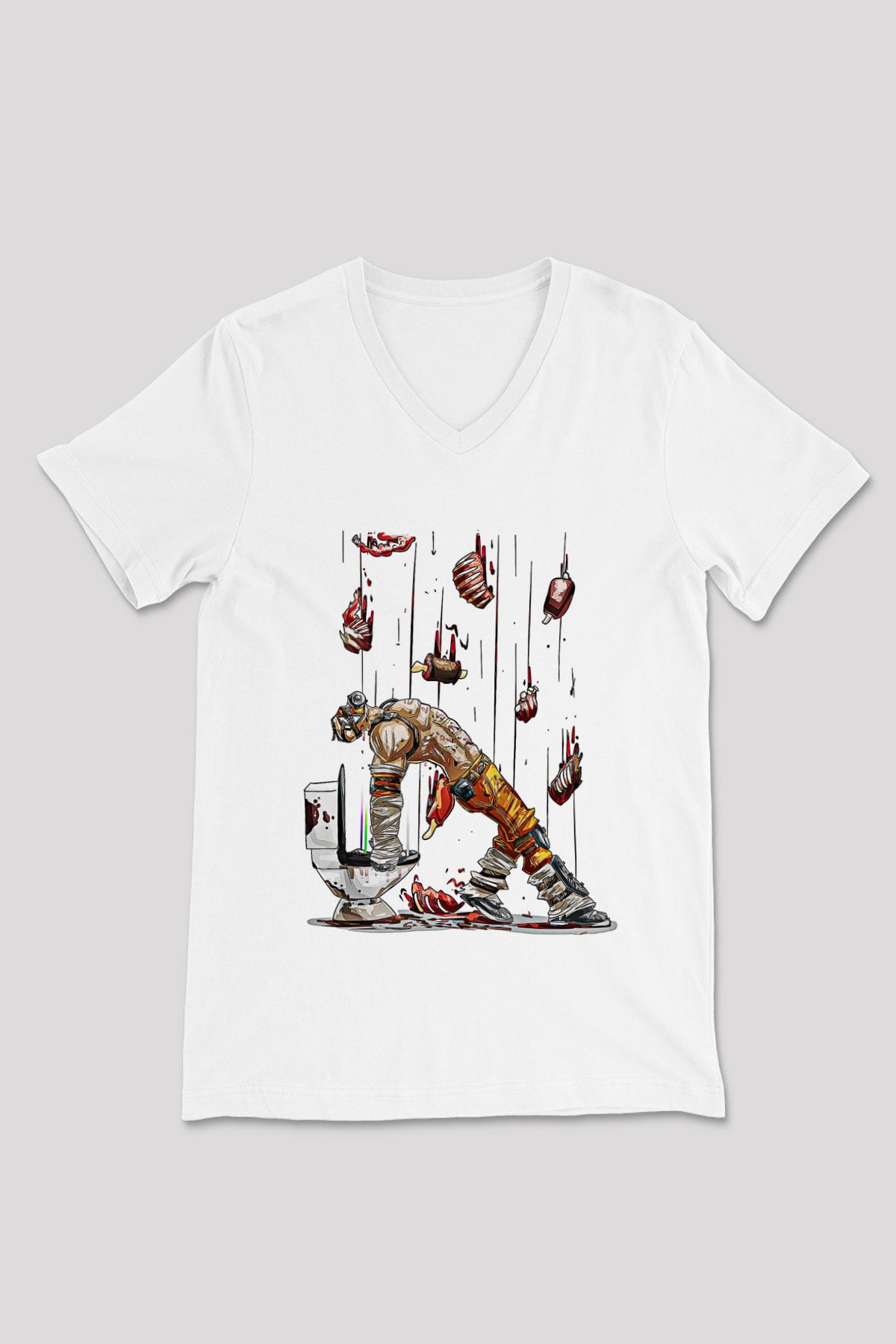 Borderlands Baskılı Beyaz Unisex V Yaka Tişört - Tshirt