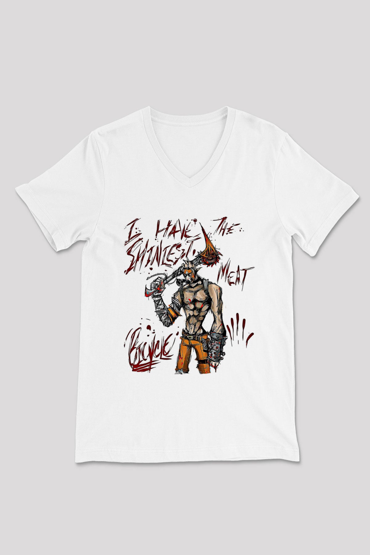 Borderlands Baskılı Beyaz Unisex V Yaka Tişört - Tshirt