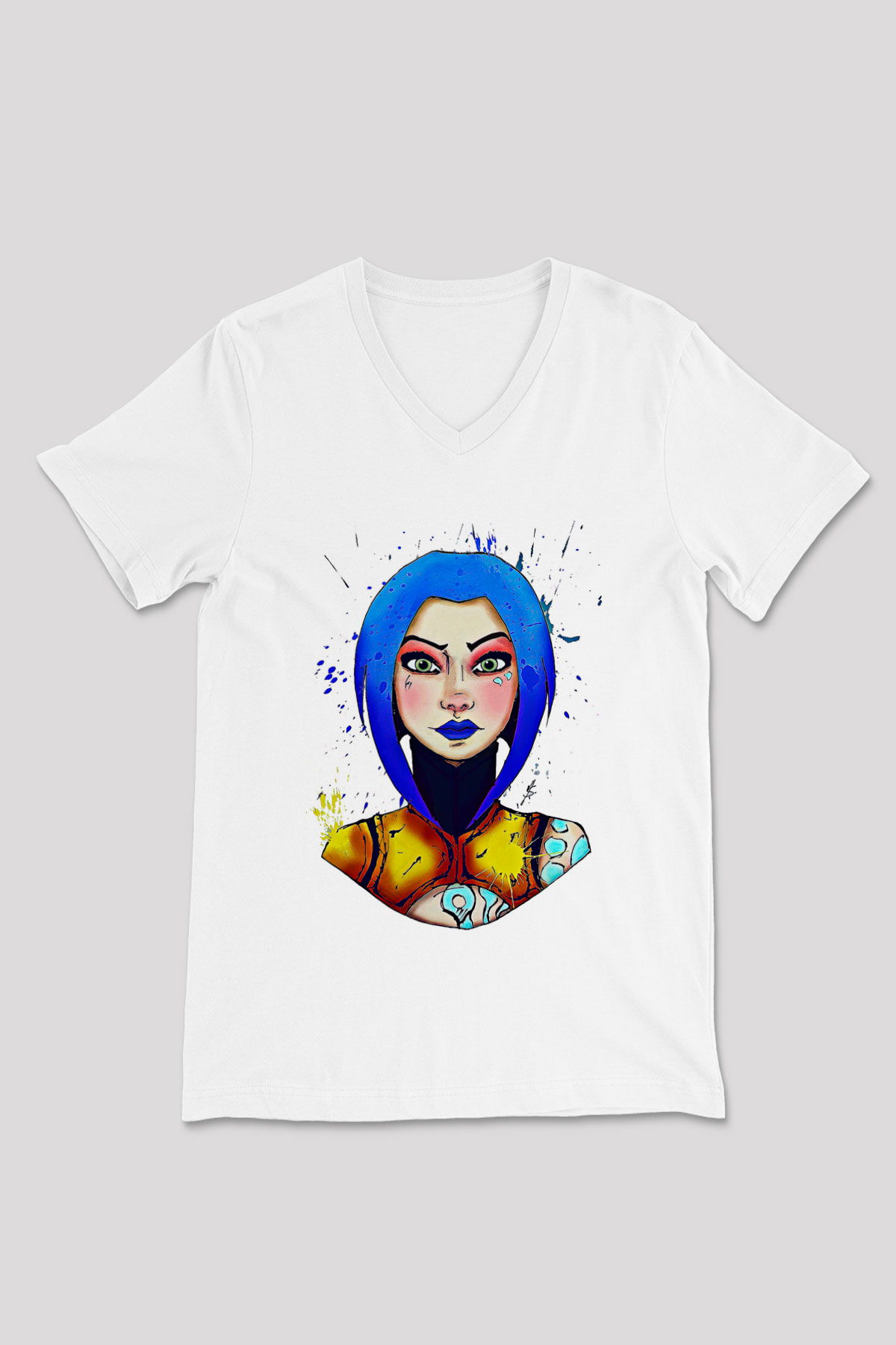 Borderlands Baskılı Beyaz Unisex V Yaka Tişört - Tshirt