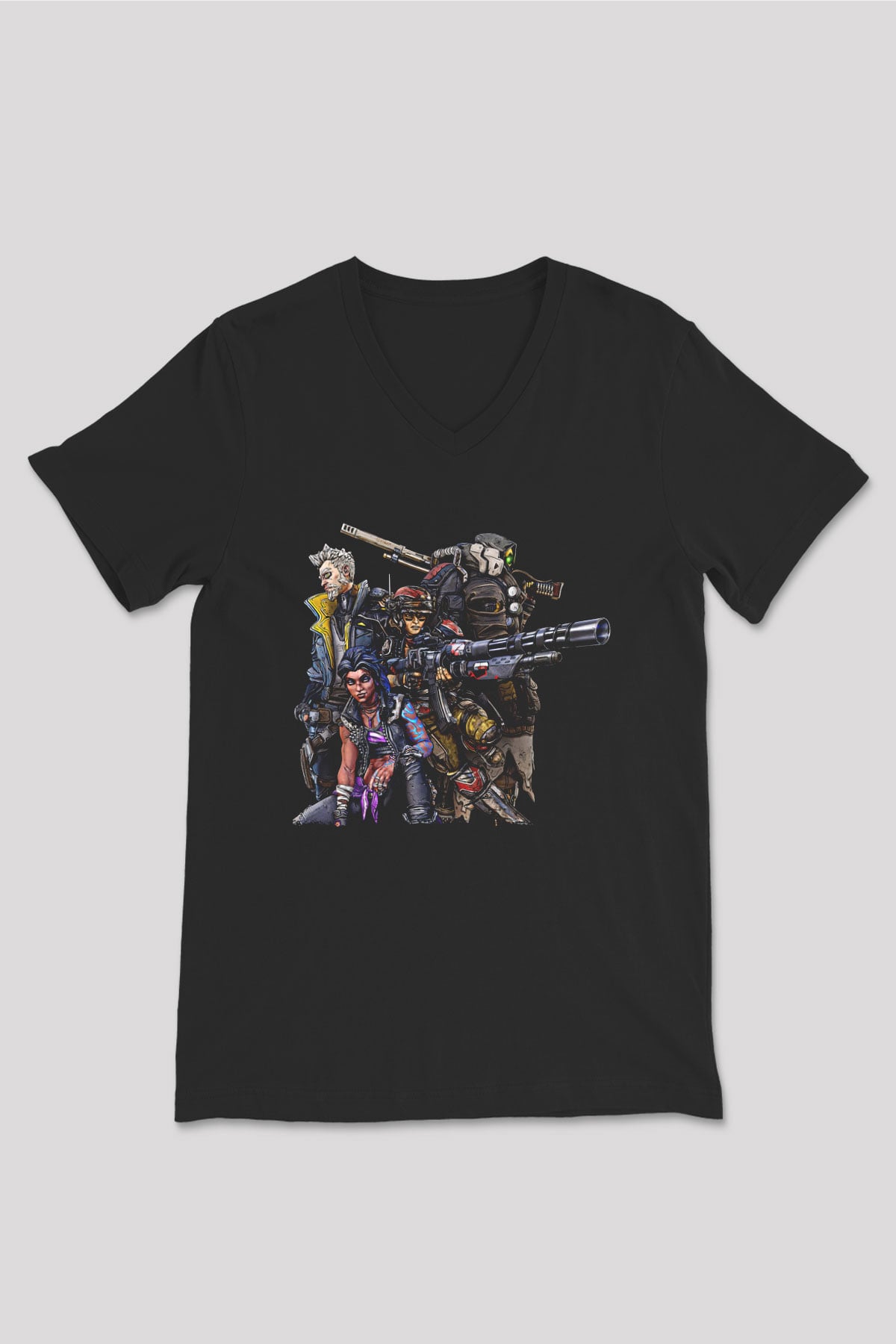 Borderlands Baskılı Unisex Siyah V Yaka Tişört - Tshirt