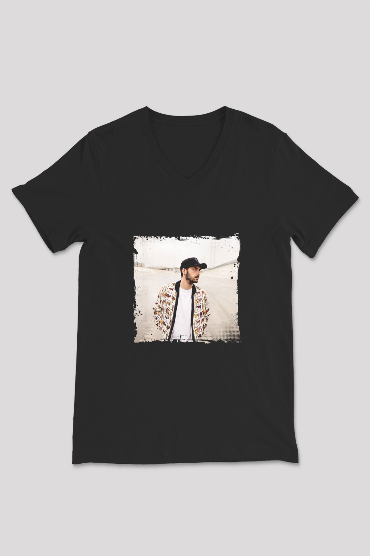 Borgore Baskılı Unisex Siyah V Yaka Tişört