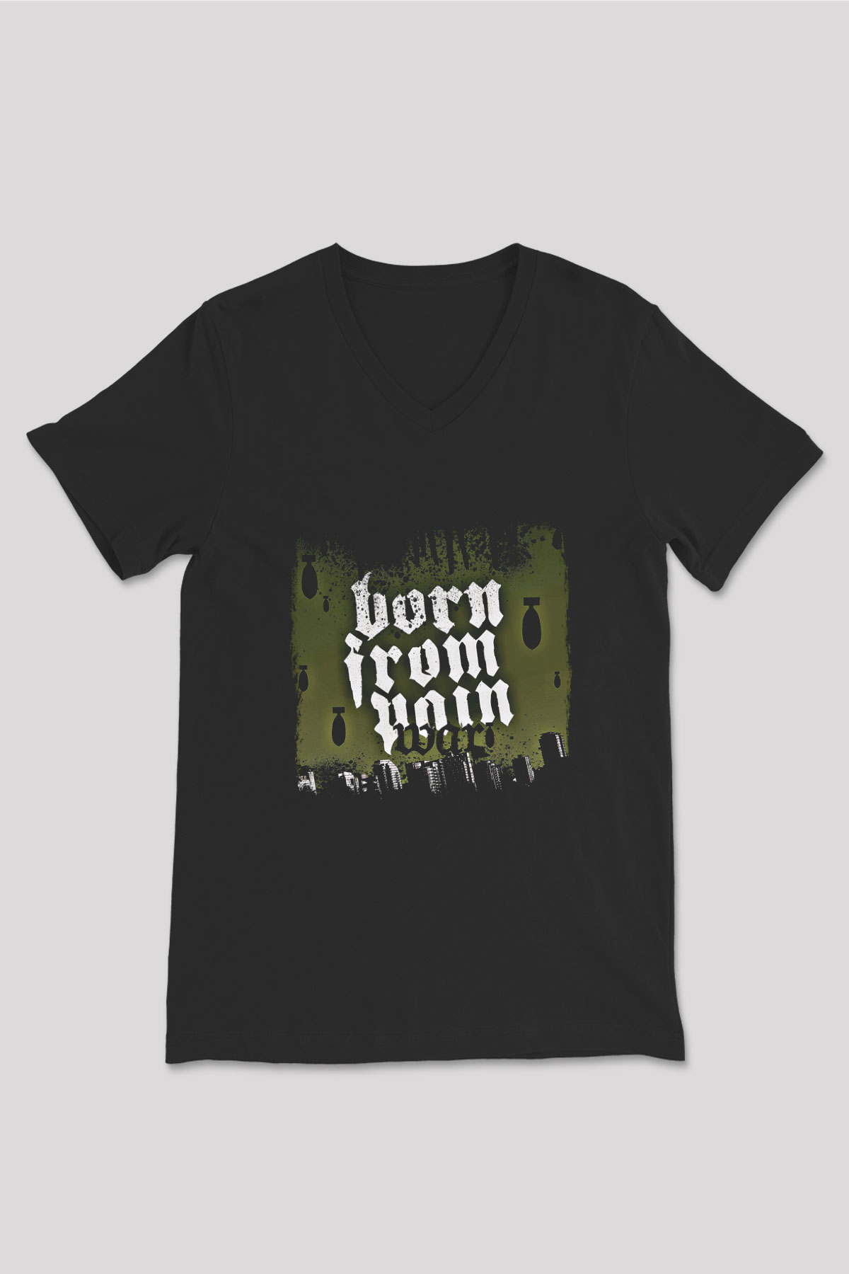 Born from Pain Baskılı Unisex Siyah V Yaka Tişört