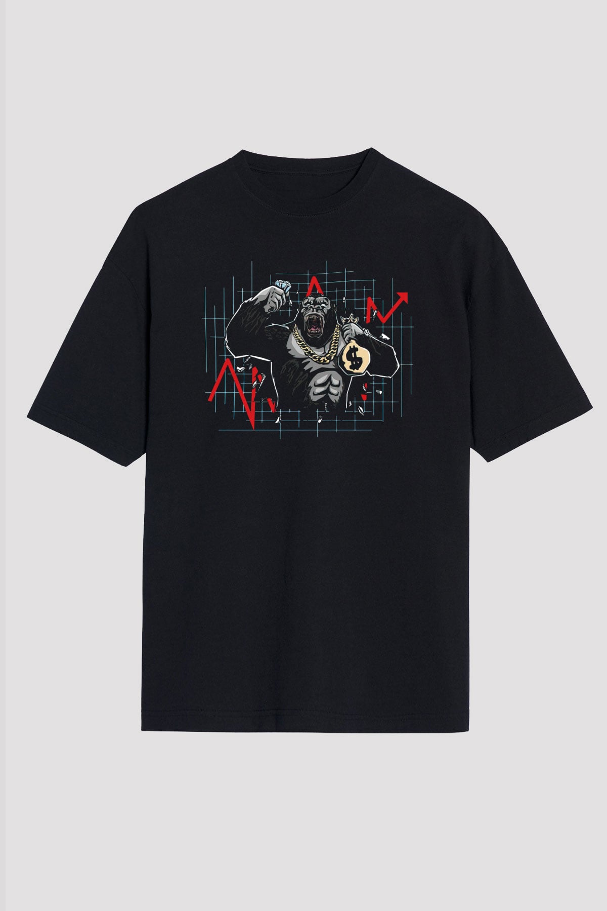 Borsacı Goril Baskılı Unisex Siyah Tişört