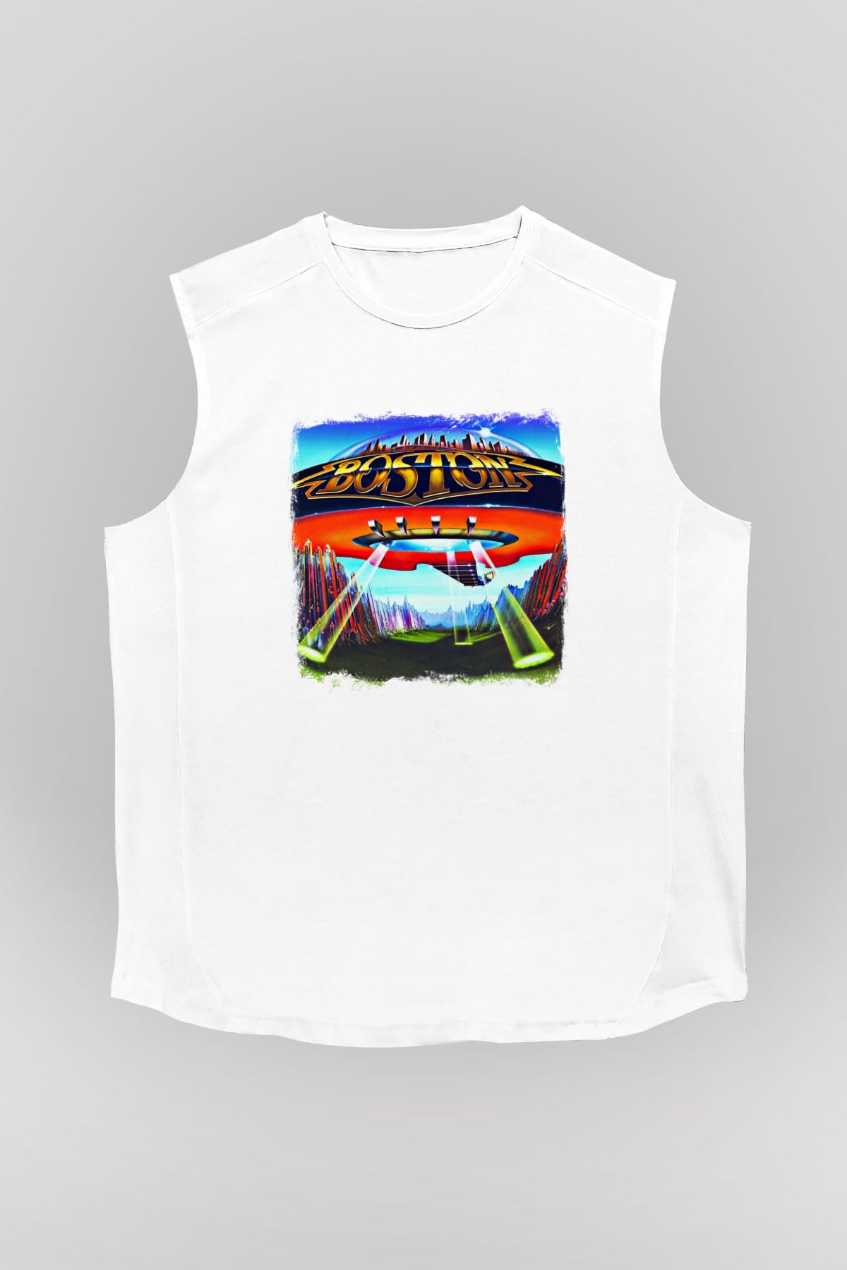 Boston Baskılı Unisex Beyaz Kolsuz Tişört