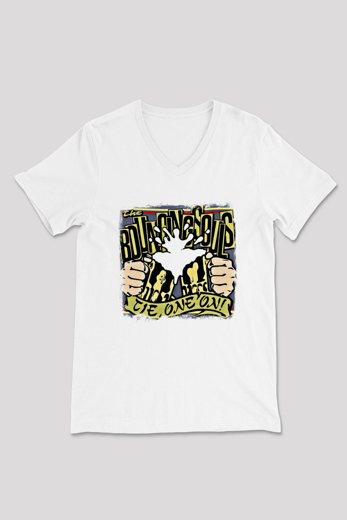 Bouncing Souls Baskılı Unisex Beyaz V Yaka Tişört