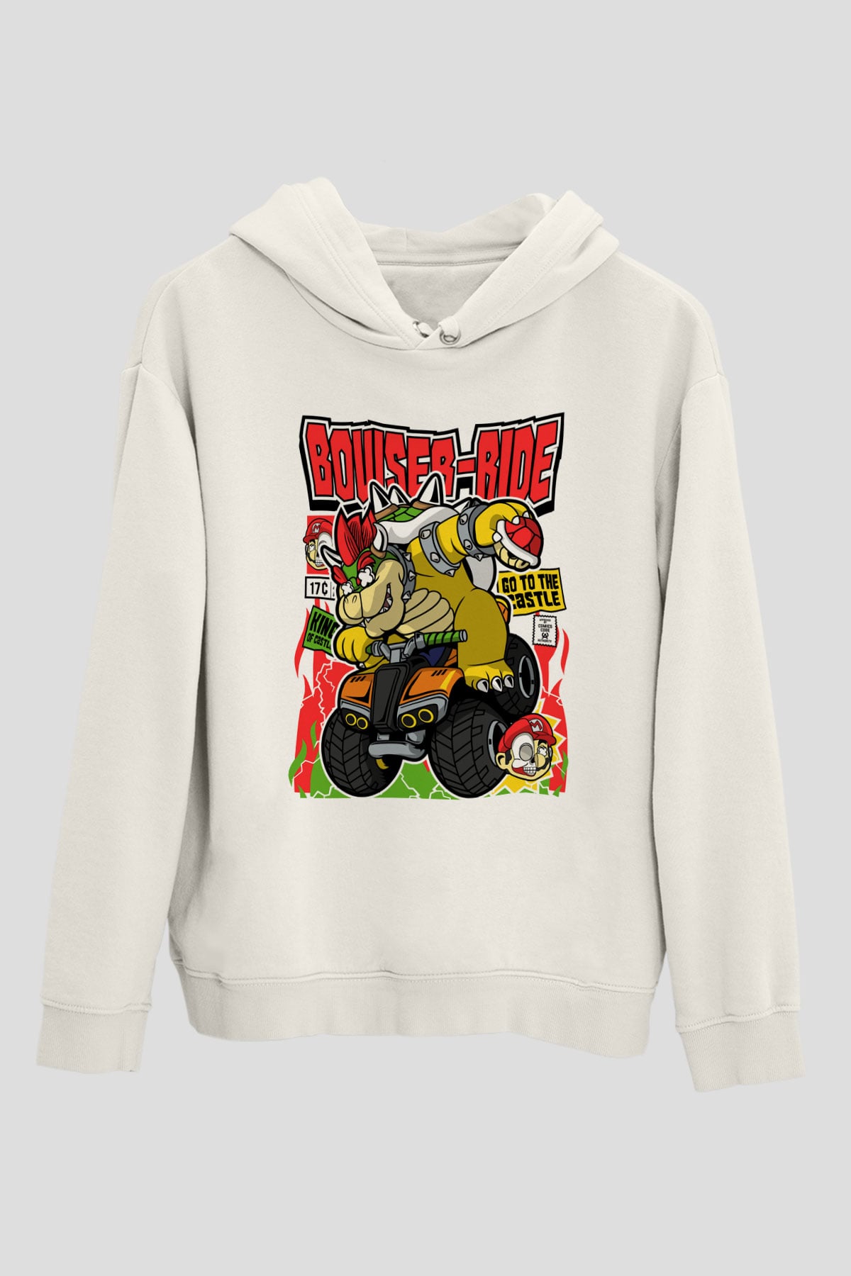 Bowser Ride Baskılı Unisex Beyaz Hoodie