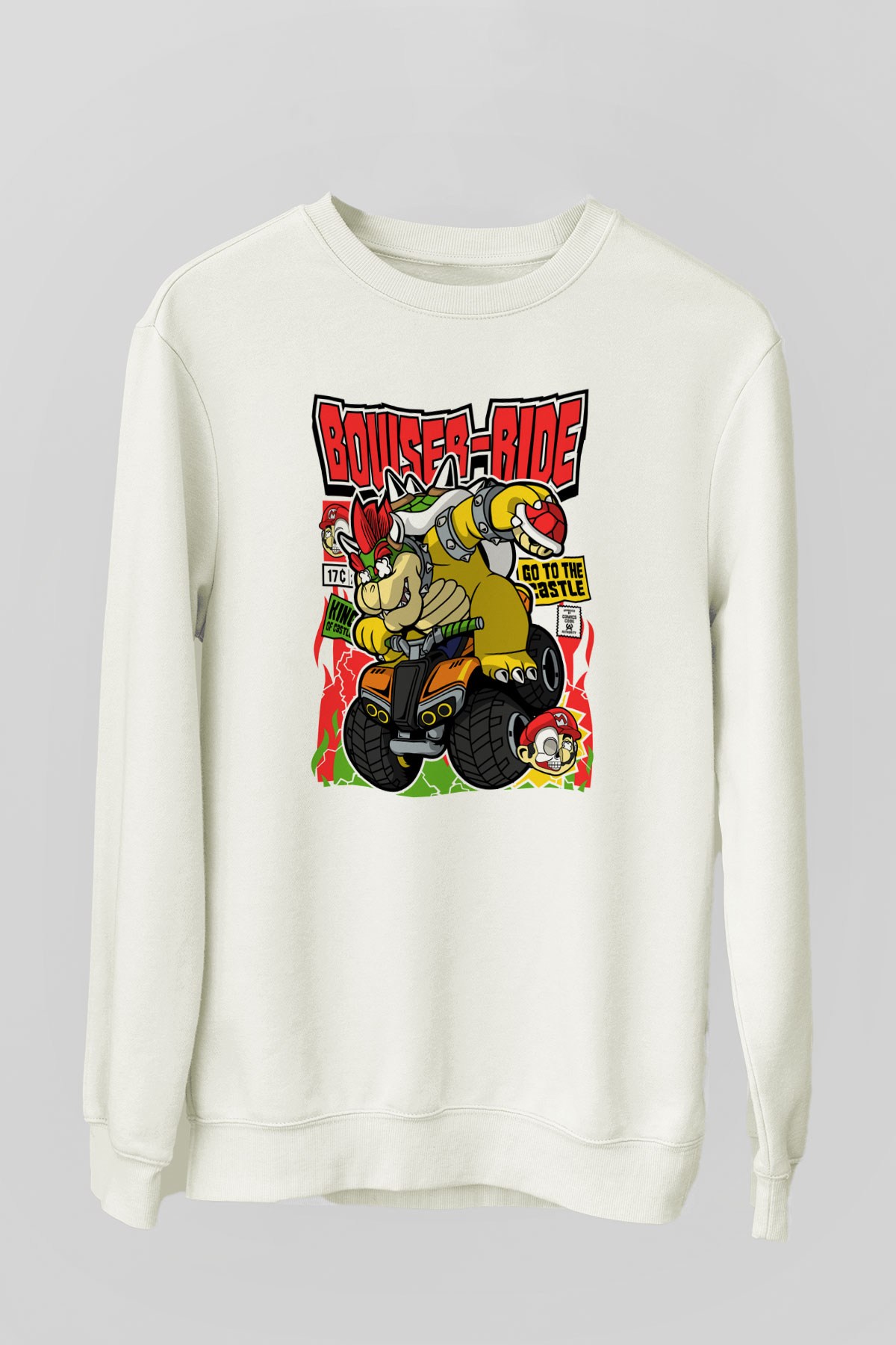 Bowser Ride Baskılı Unisex Beyaz Sweatshirt