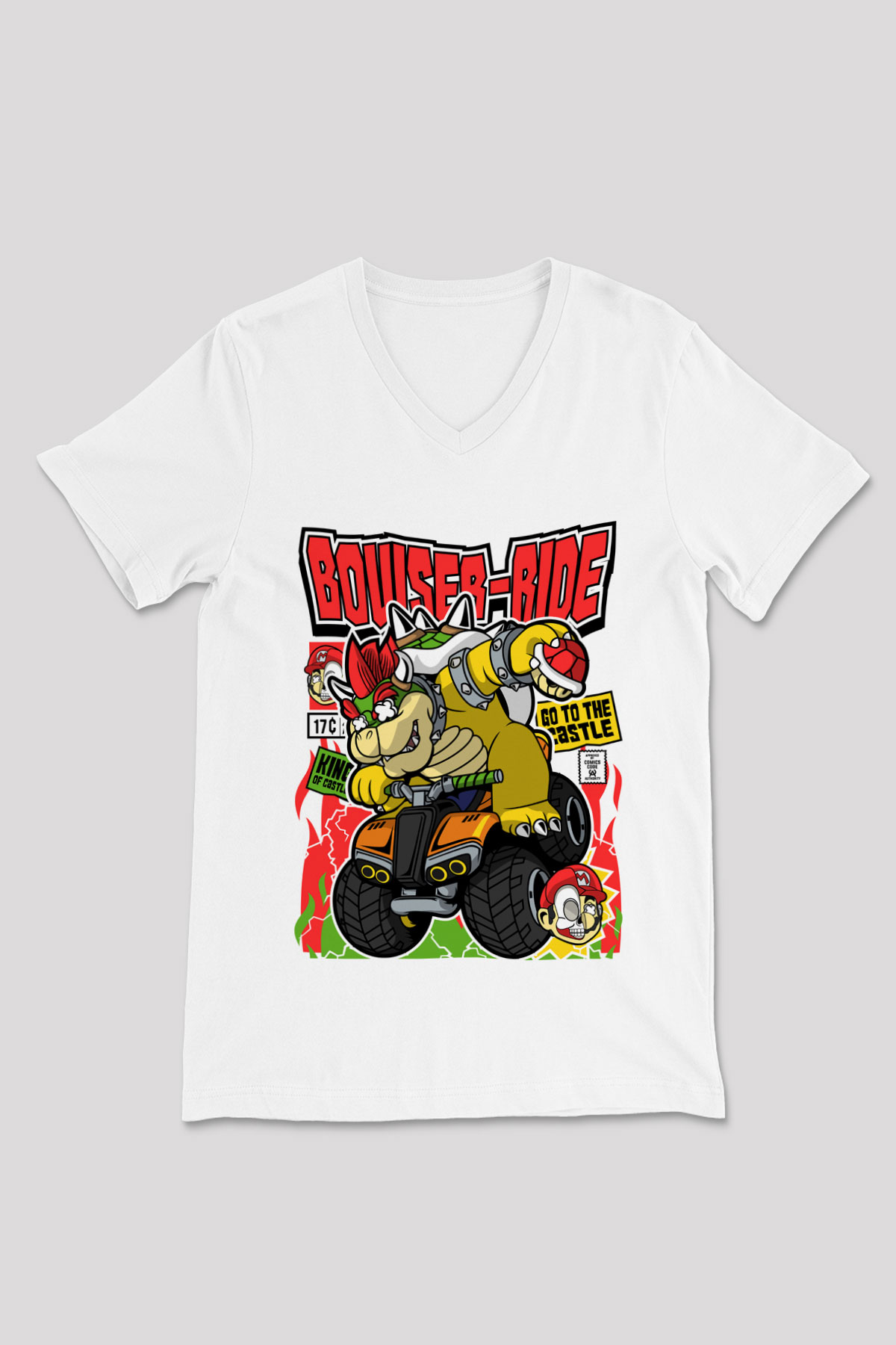 Bowser Ride Baskılı Unisex Beyaz V Yaka Tişört