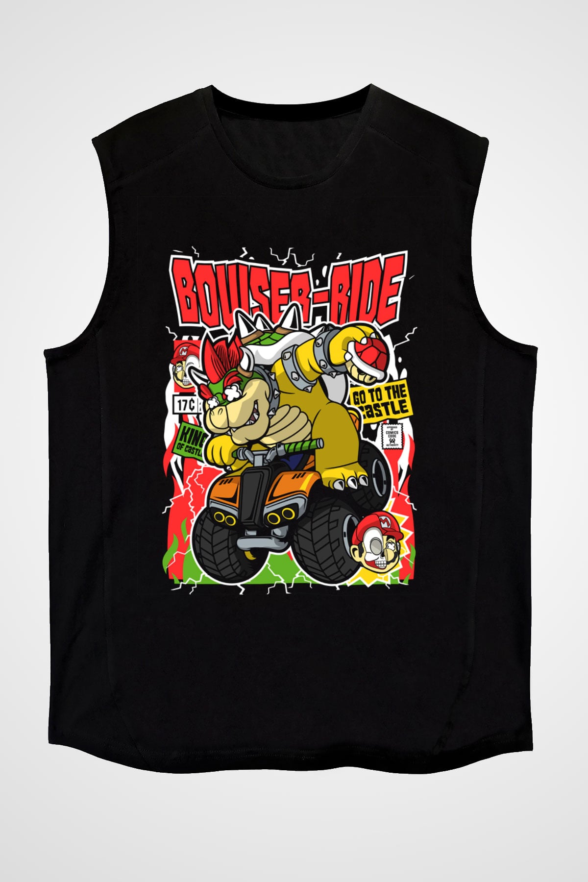 Bowser Ride Baskılı Unisex Siyah Kolsuz Tişört