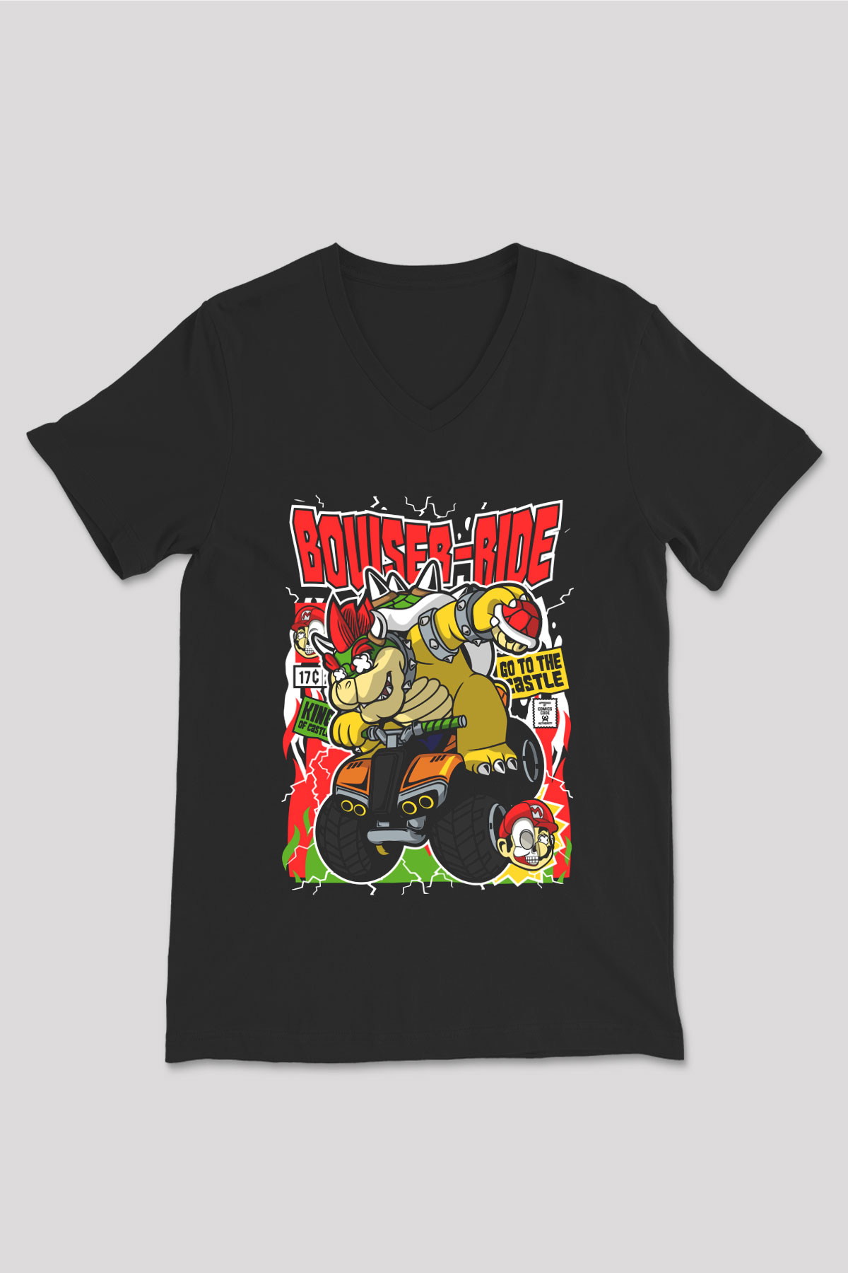 Bowser Ride Baskılı Unisex Siyah V Yaka Tişört