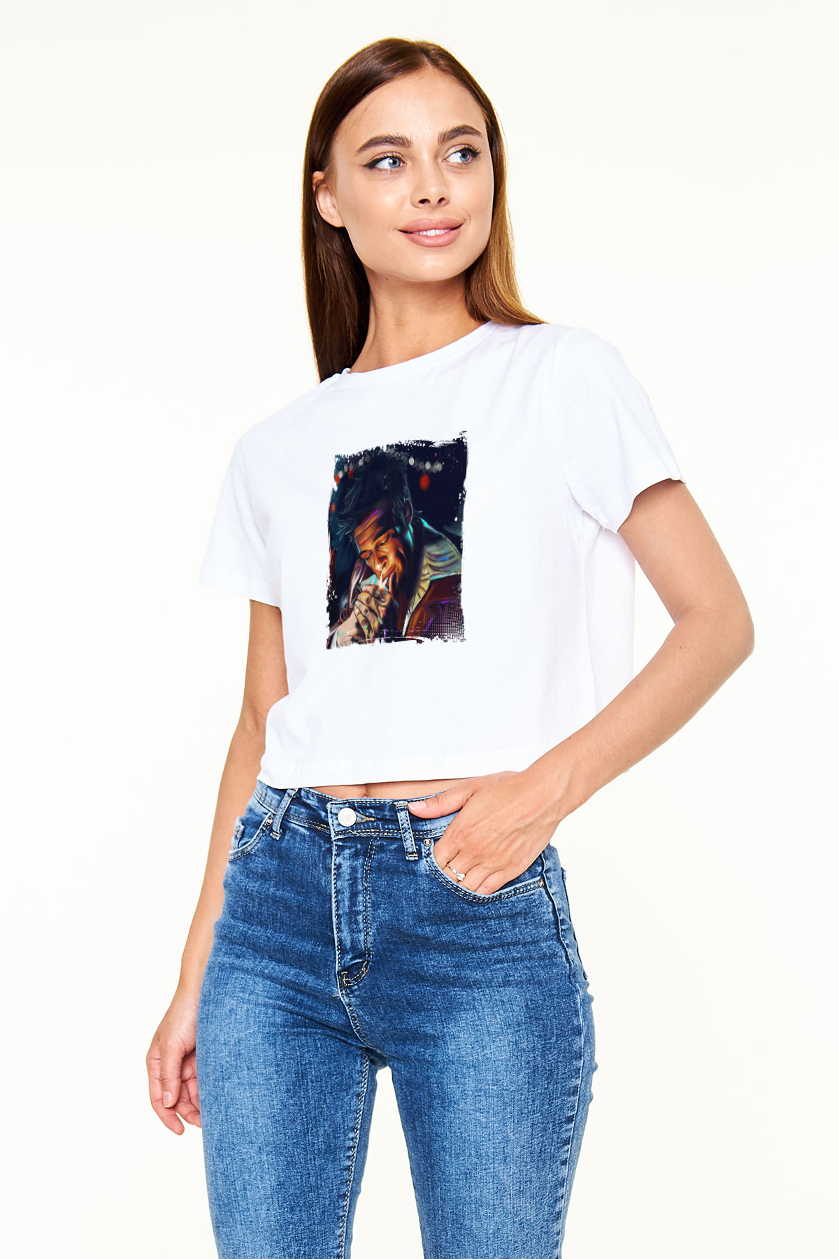 Brad Pitt Baskılı Beyaz Kadın Crop Top Tişört