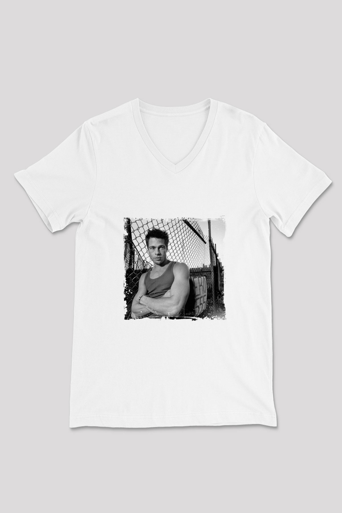 Brad Pitt Baskılı V Yaka Unisex Beyaz Tişört