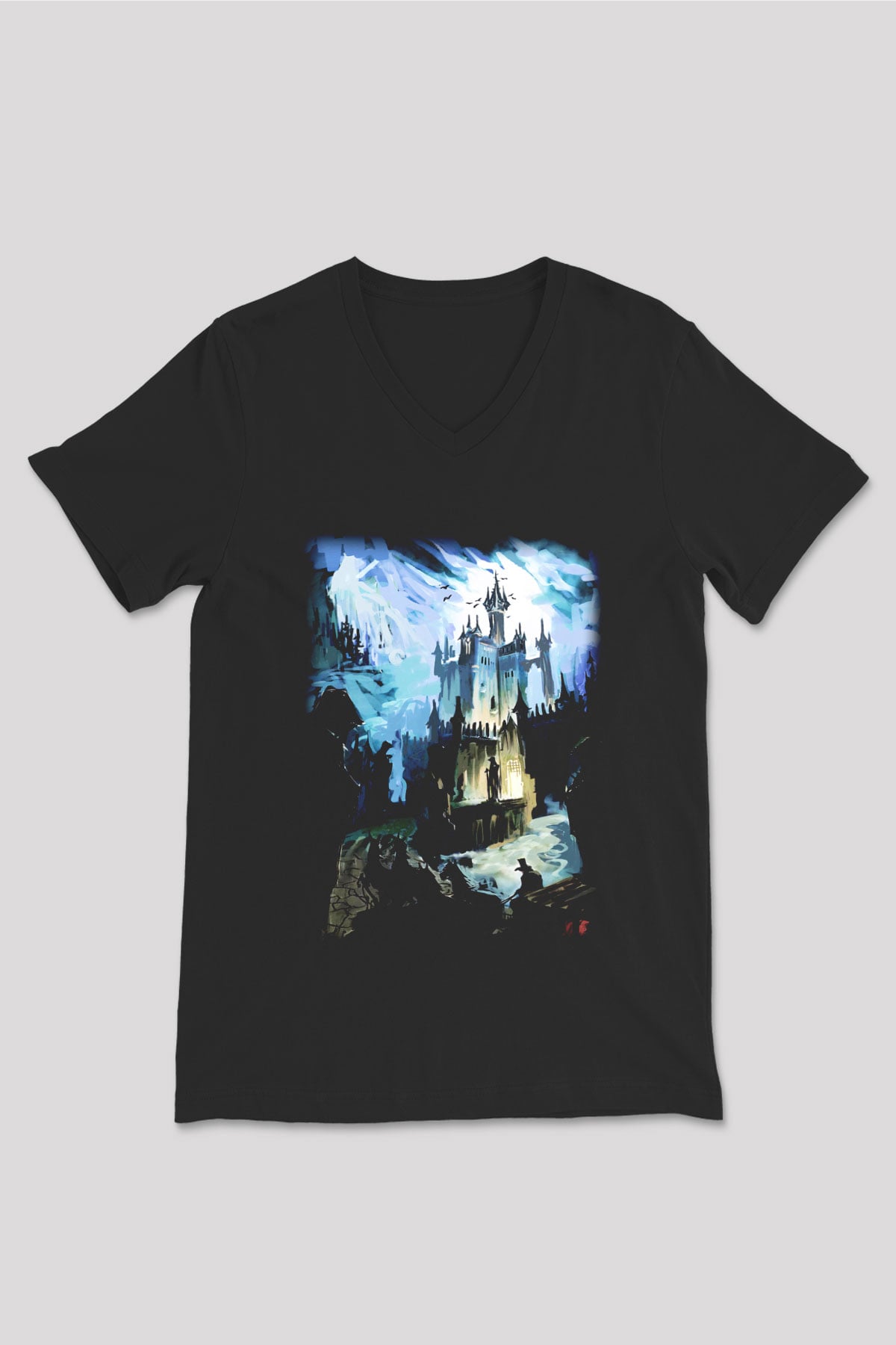 Bran Kalesi Siyah Unisex V Yaka Tişört T-Shirt