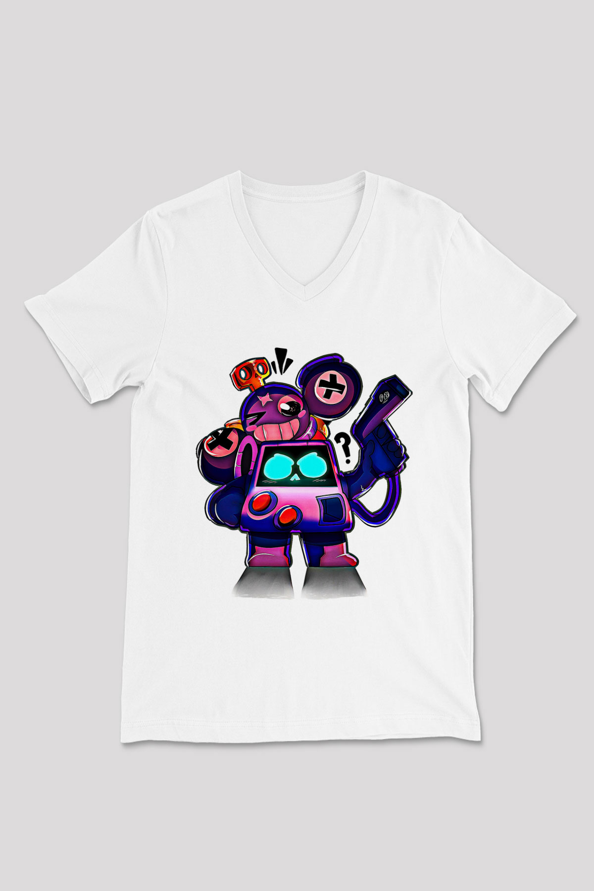 Brawl Stars Baskılı Beyaz Unisex V Yaka Tişört - Tshirt