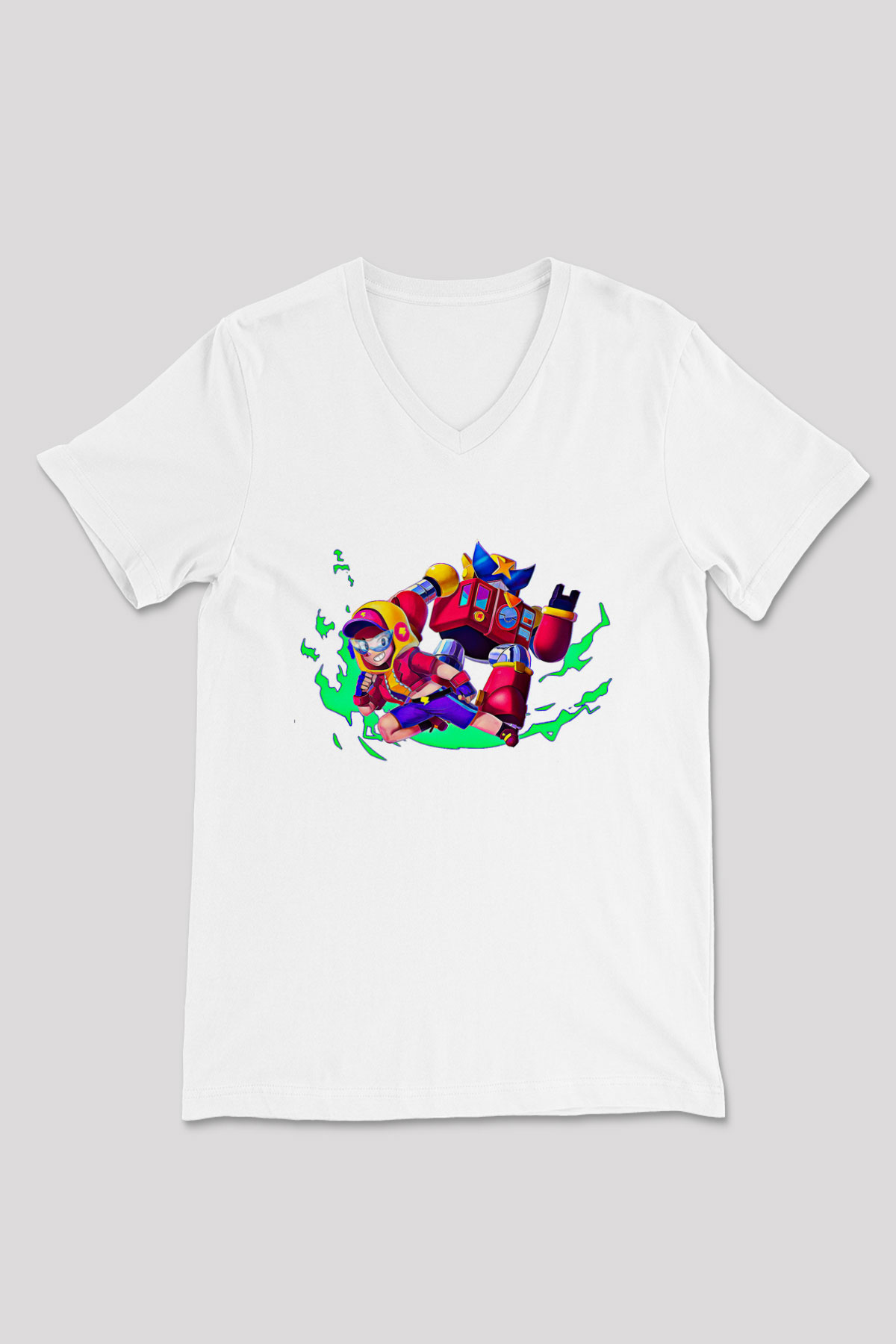 Brawl Stars Baskılı Beyaz Unisex V Yaka Tişört - Tshirt