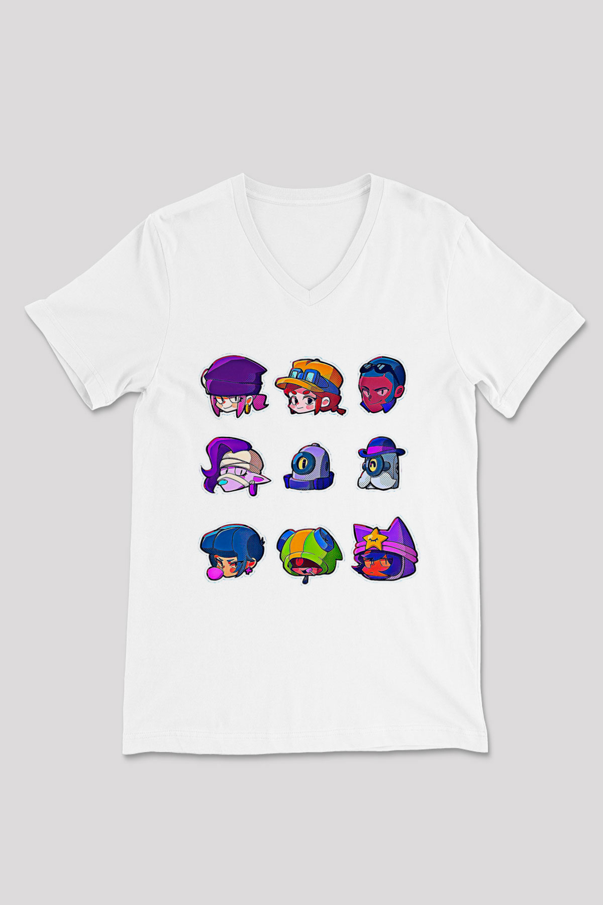 Brawl Stars Baskılı Beyaz Unisex V Yaka Tişört - Tshirt